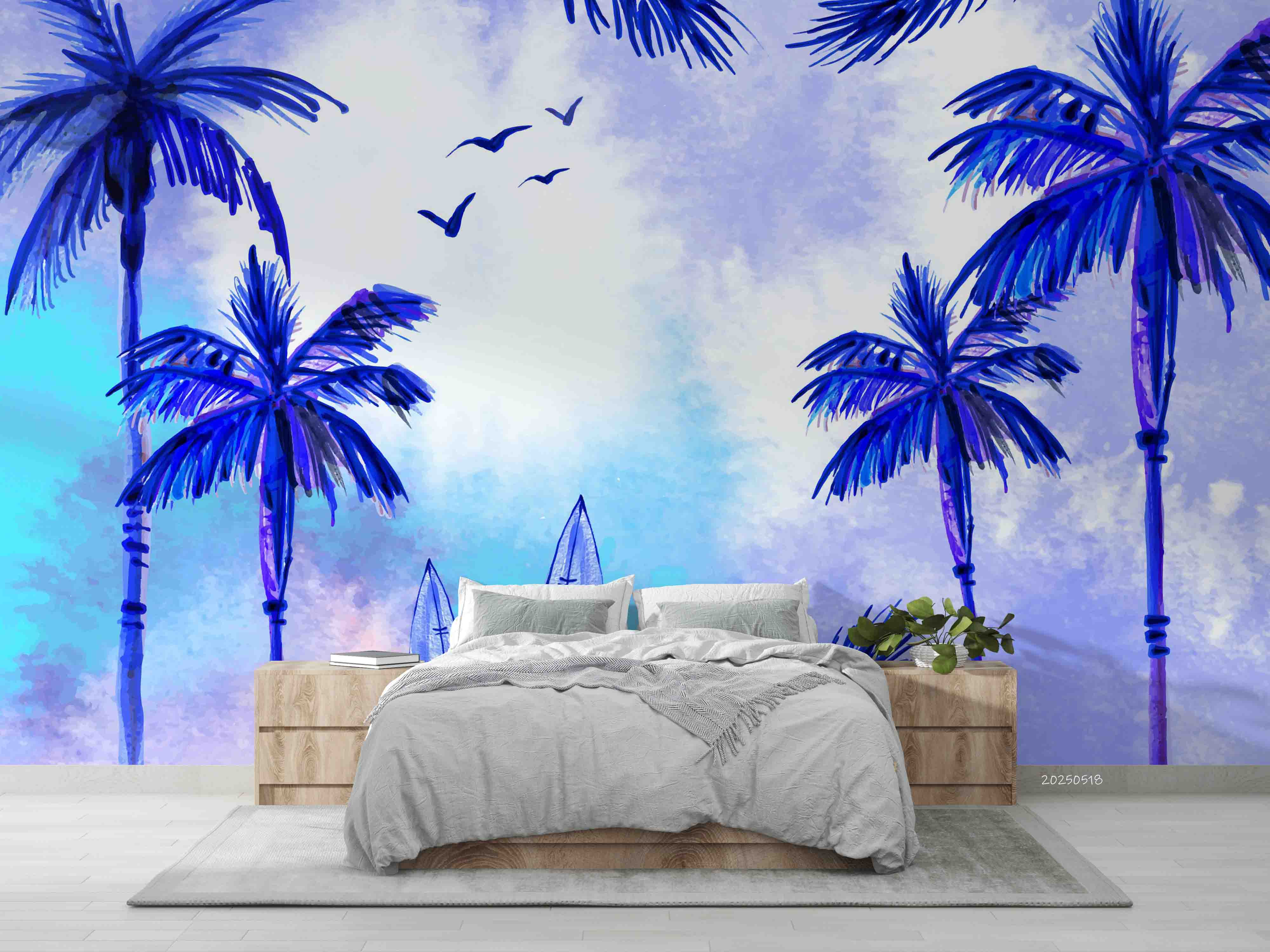 3D Watercolor Blue Coconut Tree Landscape Oil Painting Wallpaper Wall Mural Wall Decor Wall Art Wall Sticker Remoable Wallpaper