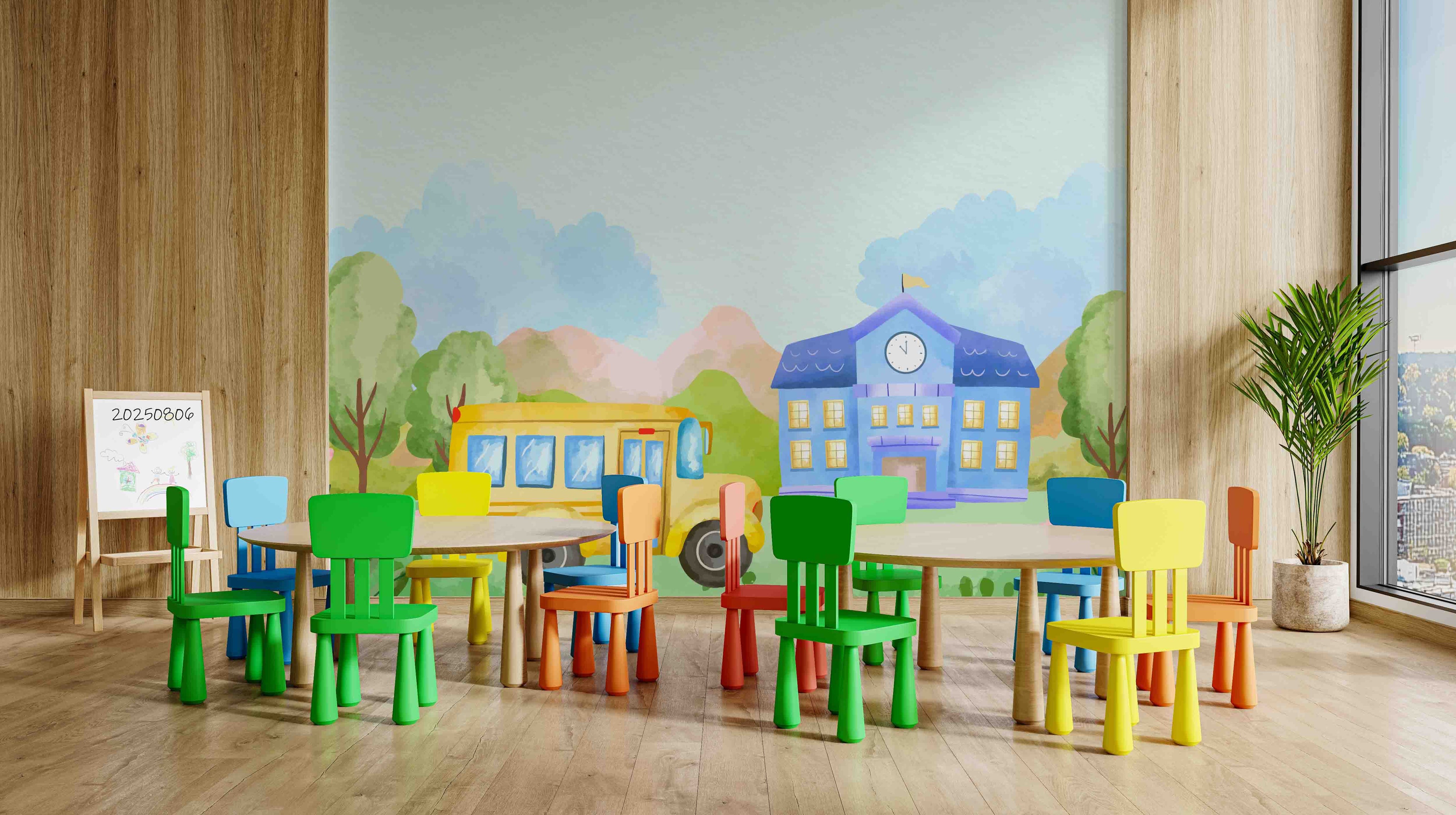 3D Childcare Nursery School Cartoon Bus School Wall Mural Wallpaper JN