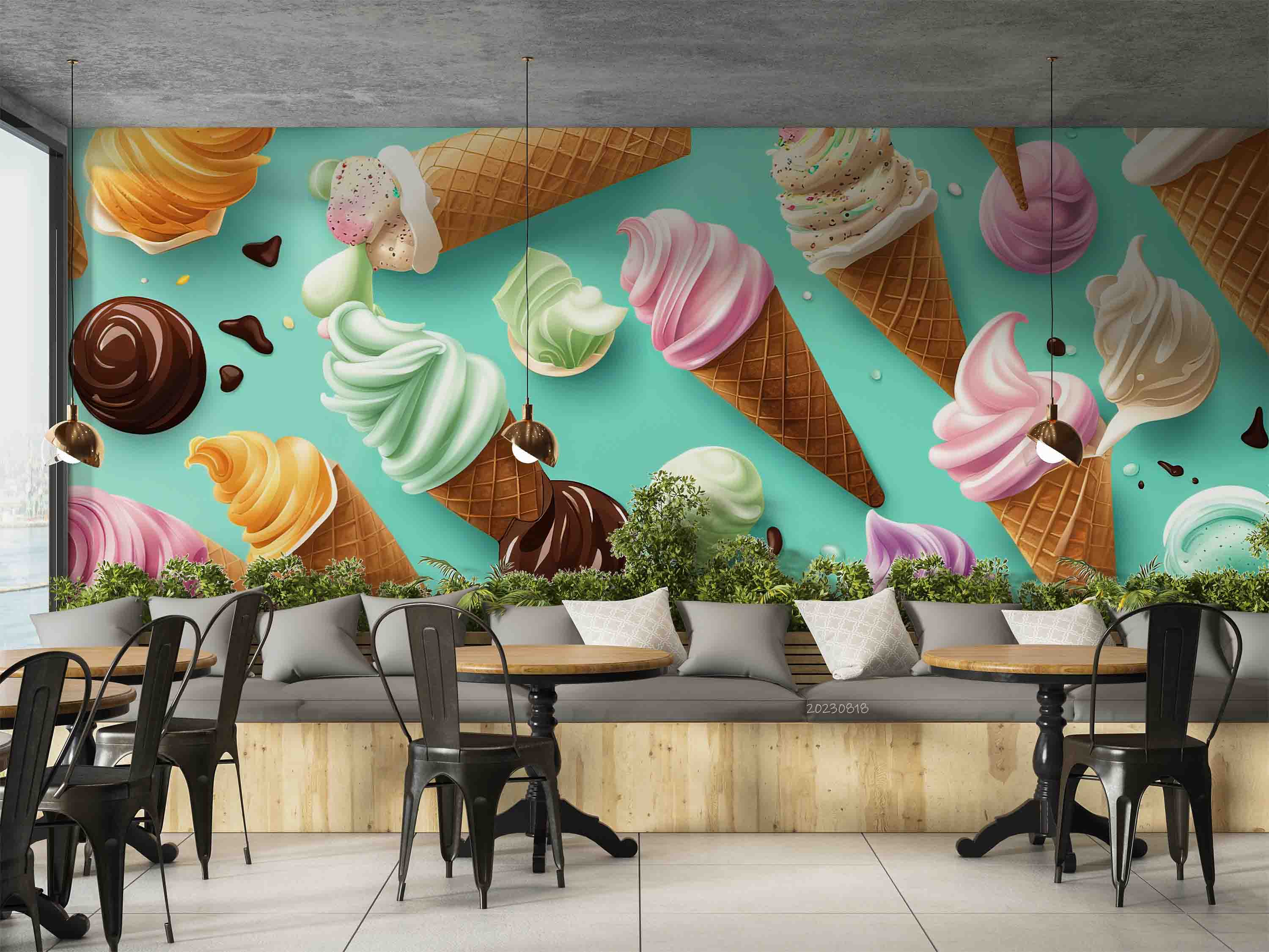 3D Ice Cream Chocolate Spread Blue Wall Mural Wallpaper YXL 2334