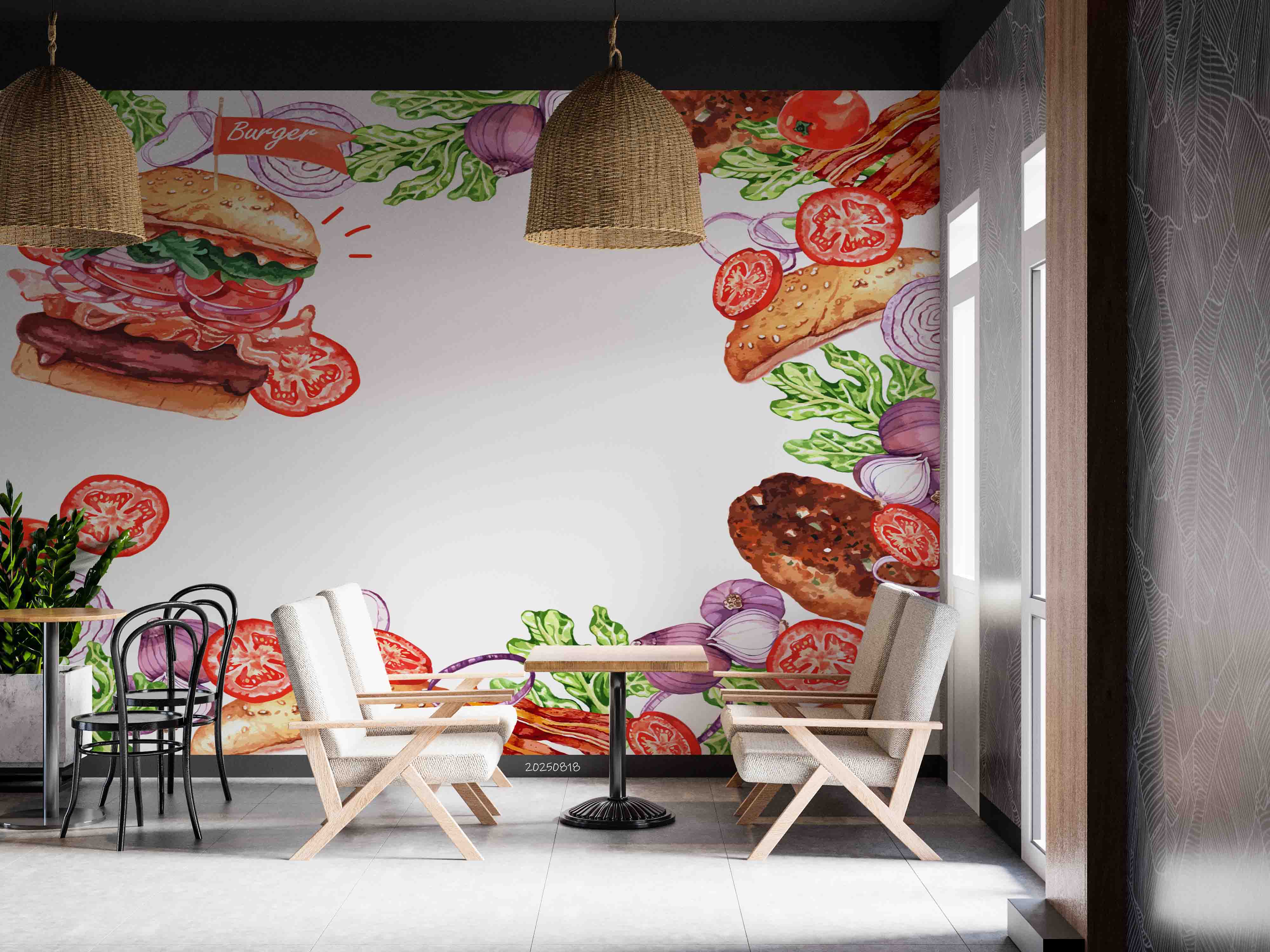 3D Restaurant Snack Bar Diner Fast Food Hamburger Vegetable Wall Mural Wallpaper 9
