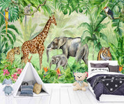 3D Animal Tree Elephant Giraffe  Parrot Cheetah Tiger Wall Mural Wallpaper YXL 2552