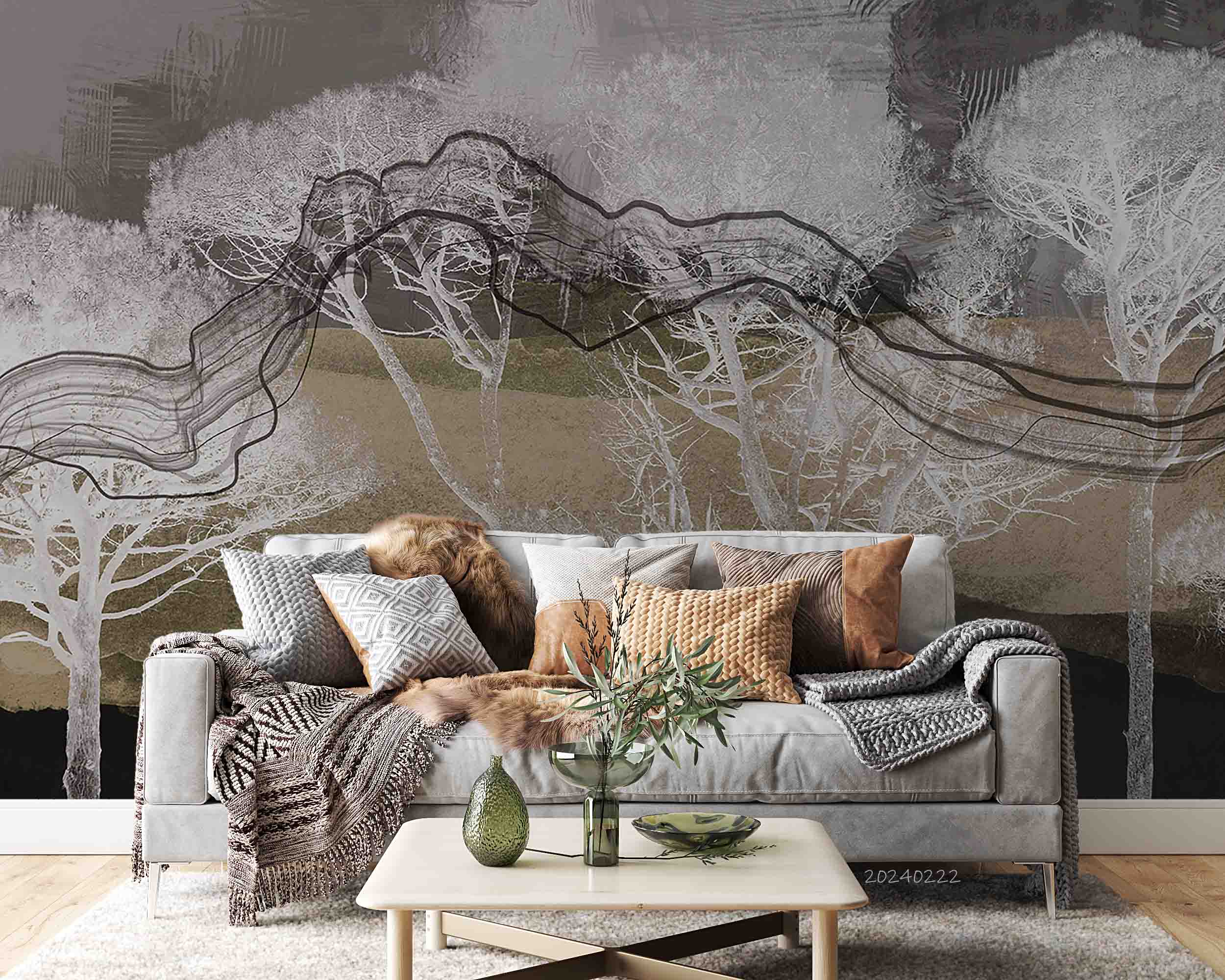 3D Abstract Grey Tree Wallpaper Wall Mural Wall Decor Wall Art Wall Sticker Remoable Wallpaper LQH 9