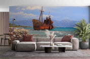 3D Selinitsa Beach Rusty Shipwreck Yungisio Greece Wall Mural Wallpaper GD 4328- Jess Art Decoration