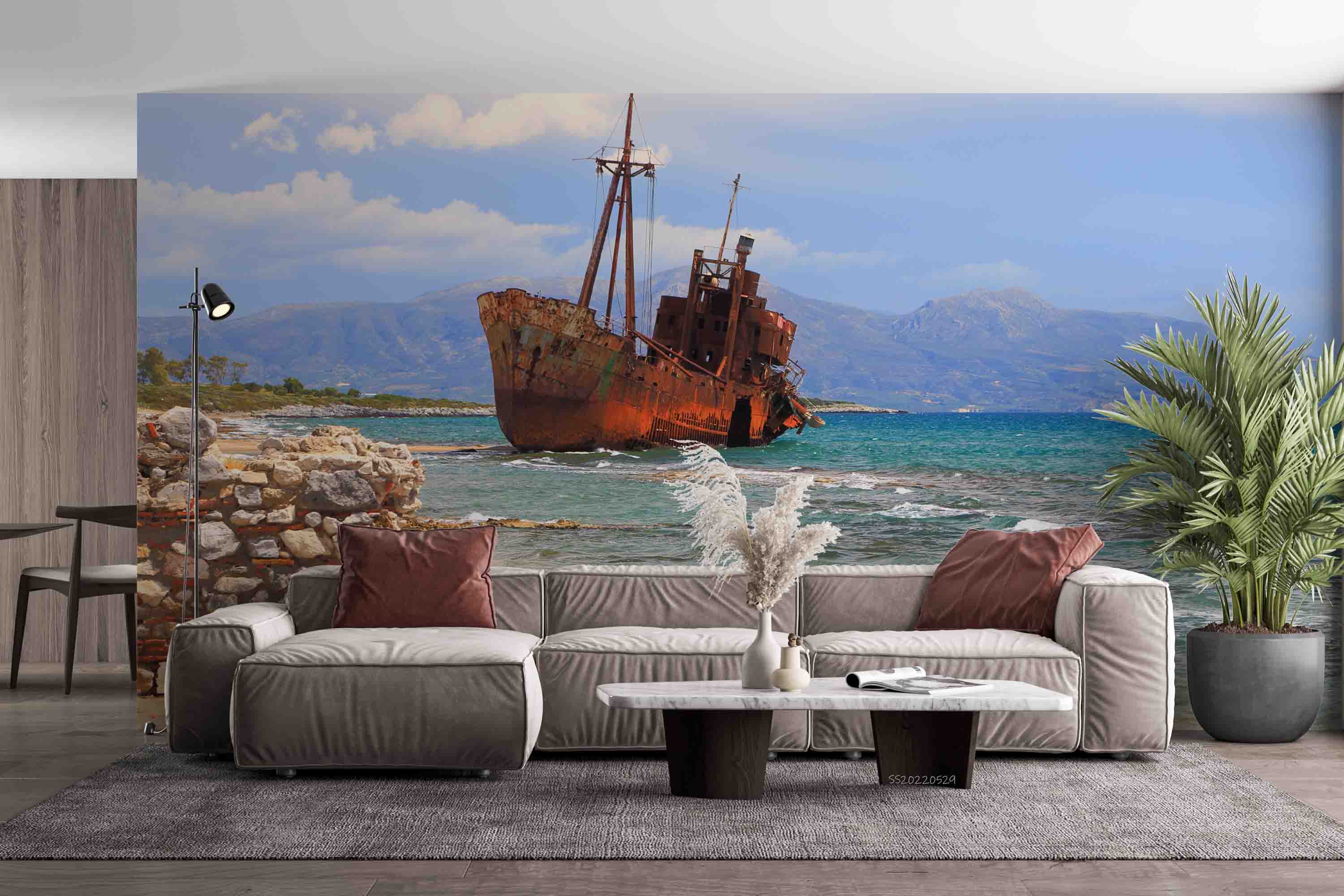 3D Selinitsa Beach Rusty Shipwreck Yungisio Greece Wall Mural Wallpaper GD 4328- Jess Art Decoration