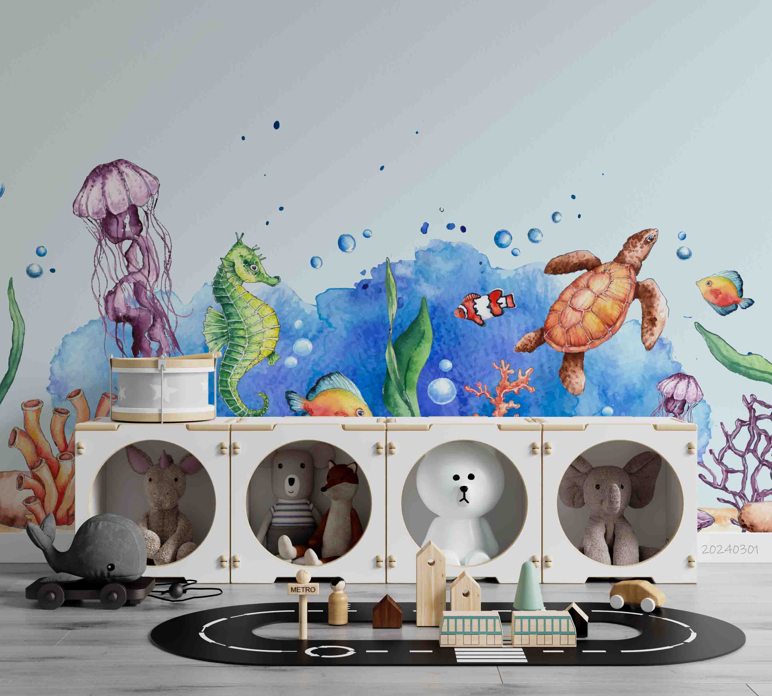 3D Cartoon Undersea World Sea Turtle Jellyfish Seaweed Kids Wallpaper Wall Mural Wall Decor Wall Art Wall Sticker Remoable Wallpaper