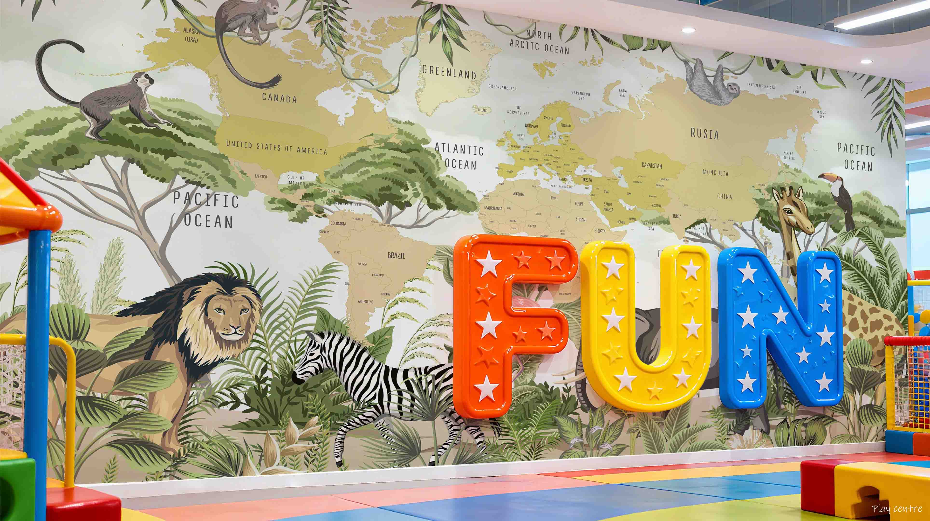 3D Play Centre Amusement Park Funfair Carnie World Map Animals Wall Mural Wallpaper 3