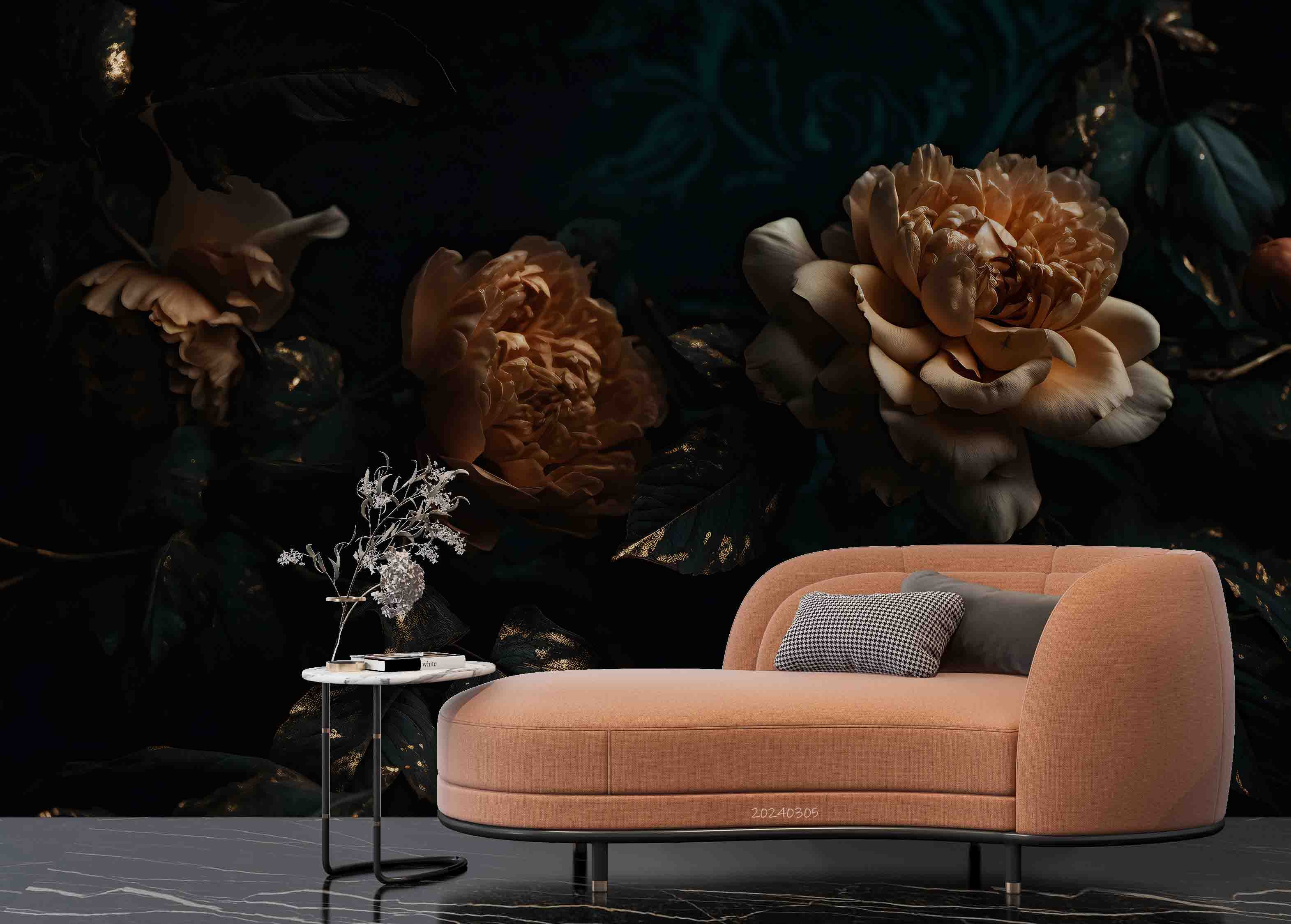 3D Orange Floral Bouquet Dark Background Wallpaper Wall Mural Wall Decor Wall Art Wall Sticker Remoable Wallpaper