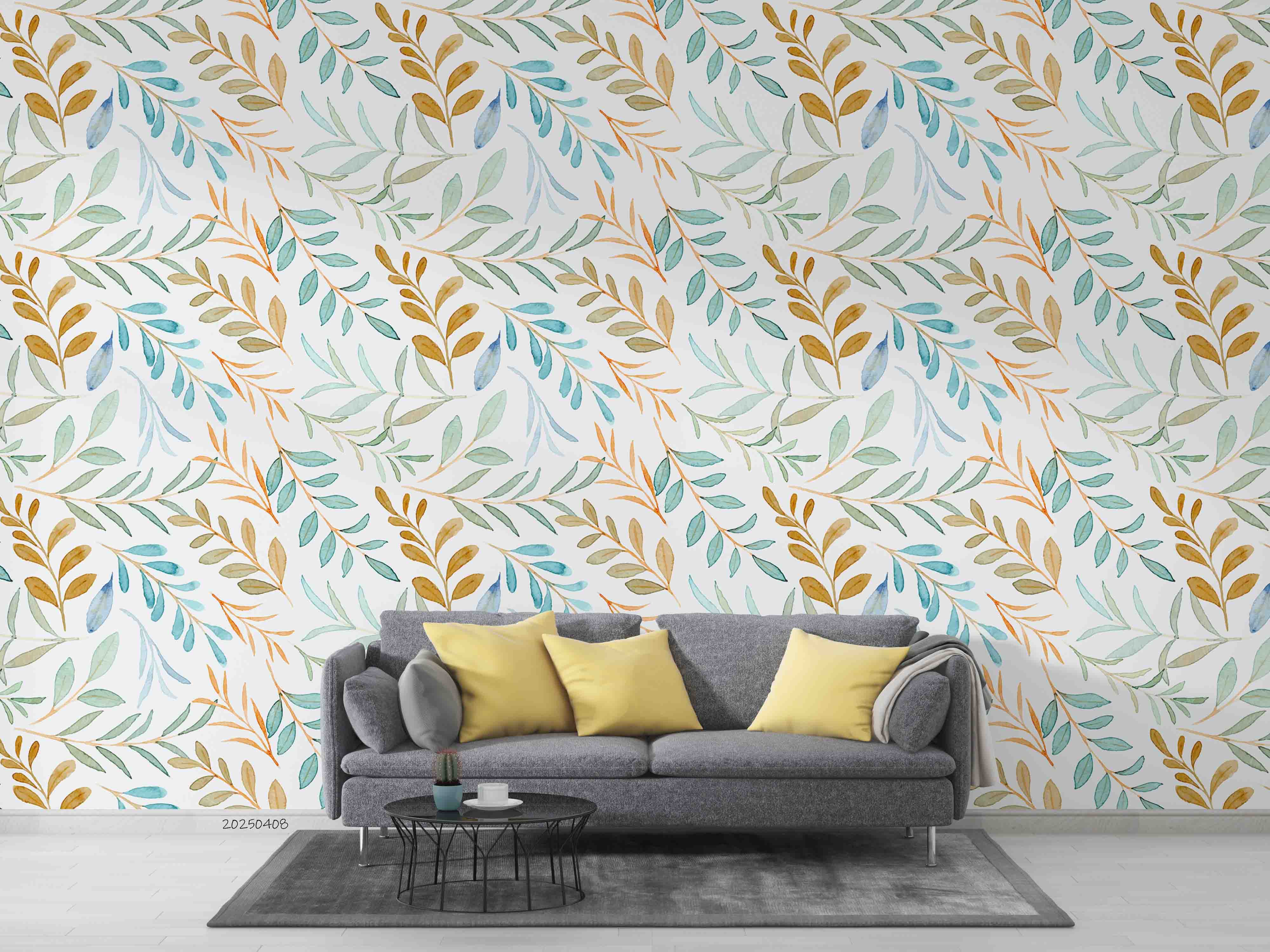 3D Watercolor Blue Brown Leaf Pattern Wallpaper Wall Mural Wall Decor Wall Art Wall Sticker Remoable Wallpaper
