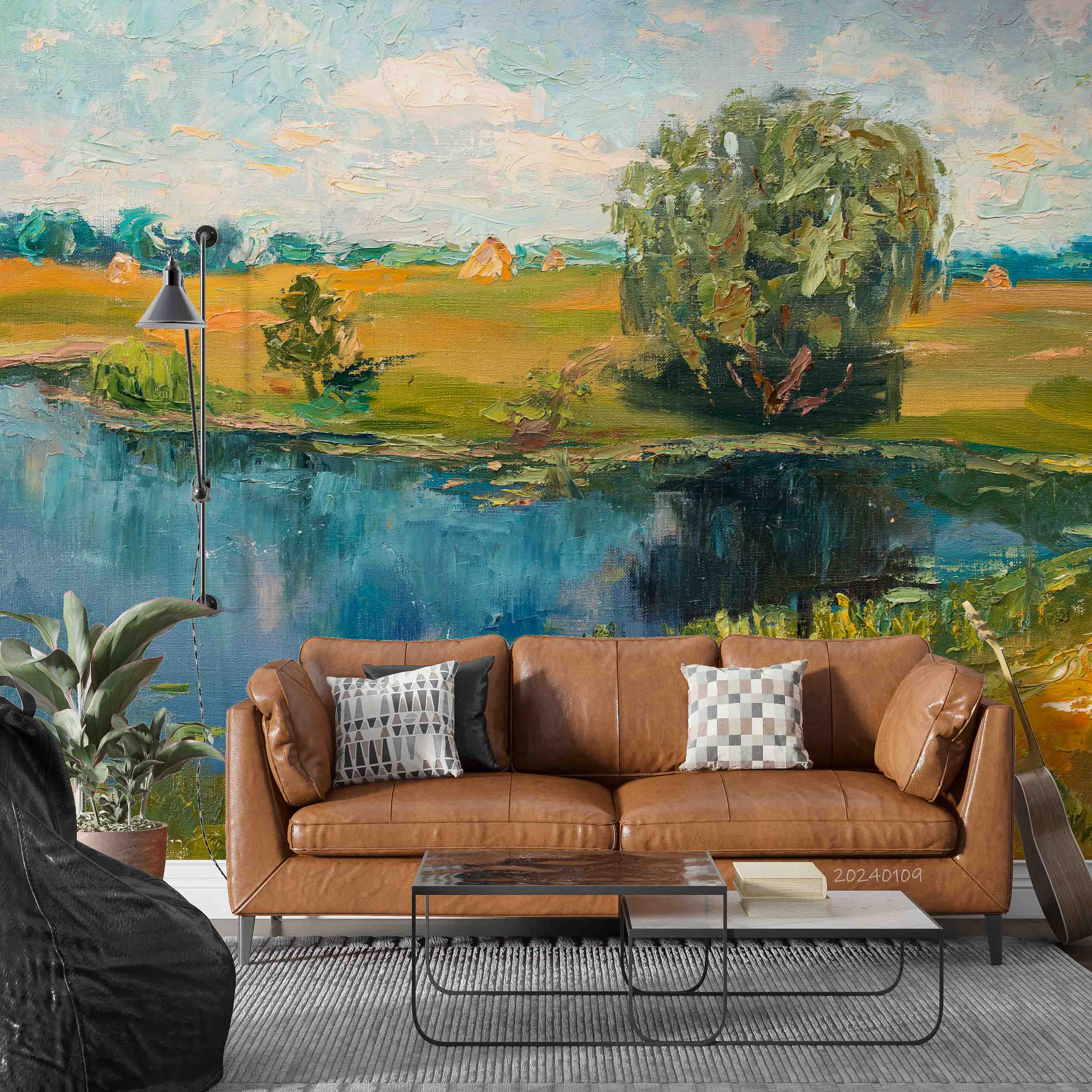 3D Oil Painting Tree Grassland Sea Cloud Sky Wall Mural Wallpaper YXL 117