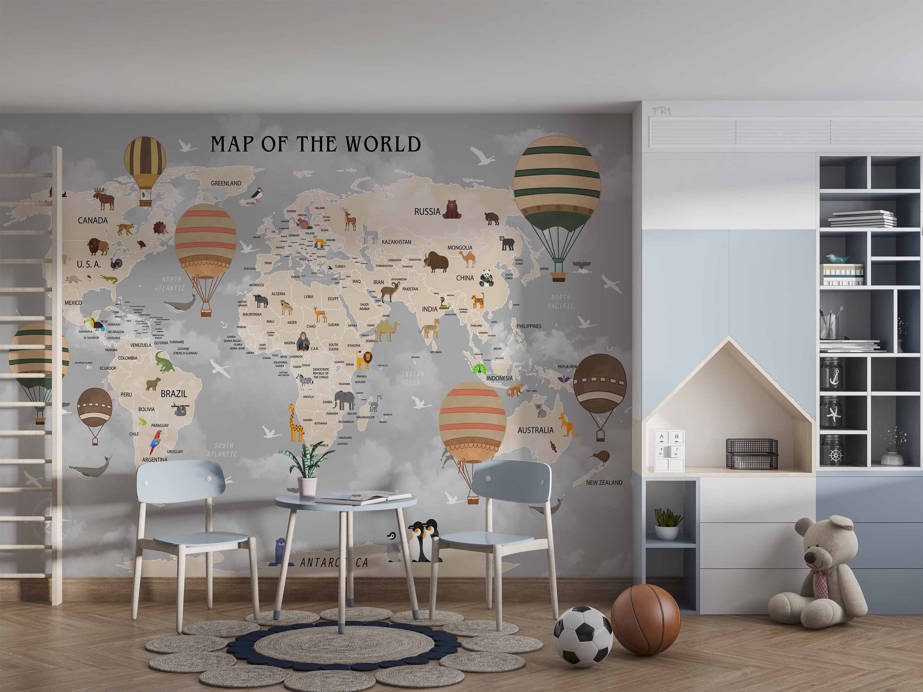 3D Cartoon World Map Hot Air Balloon Wall Mural Wallpaper GD 3610- Jess Art Decoration