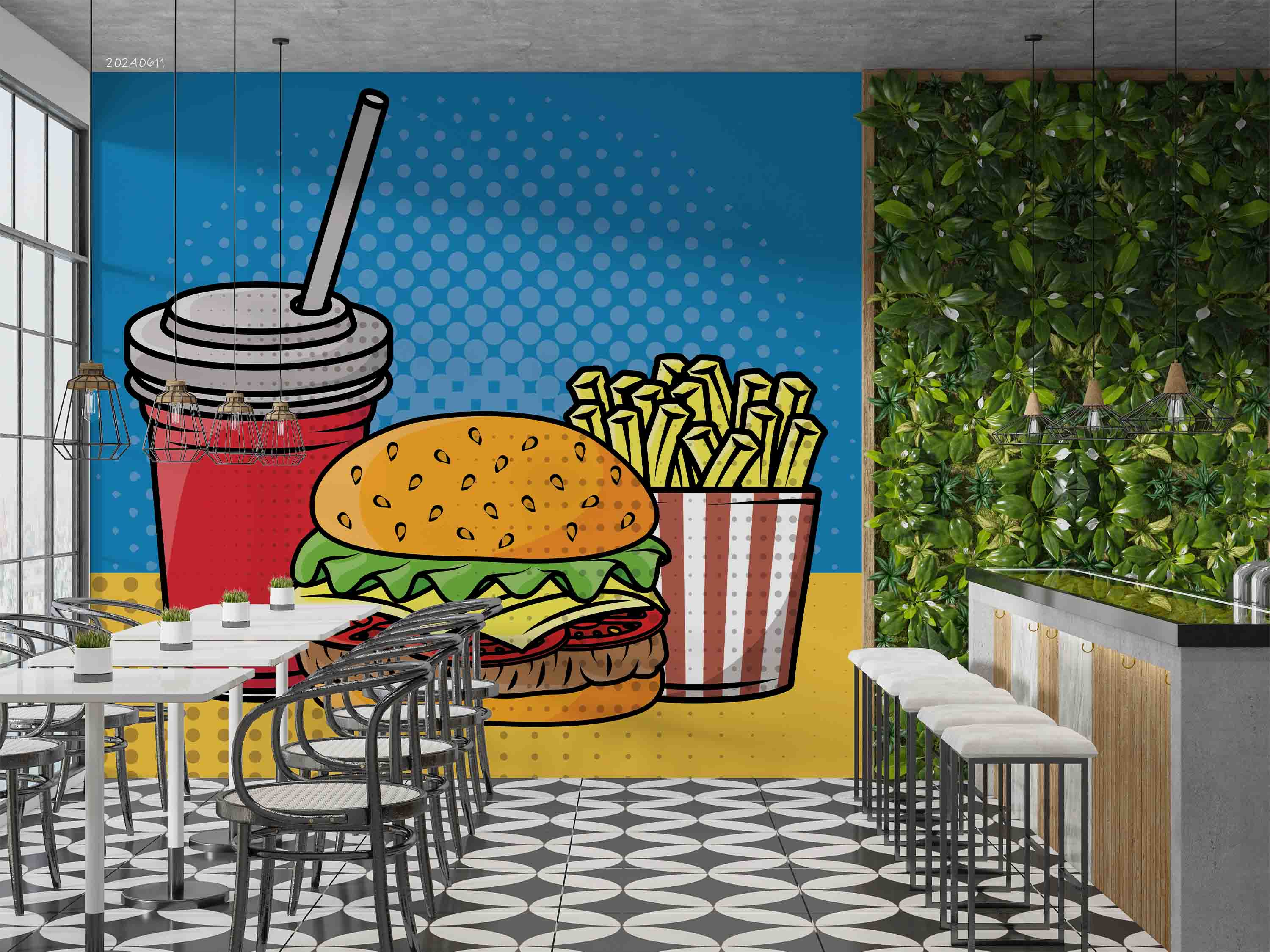 3D Hamburger Chips Drinks Blue Wall Mural Wallpaper YXL 278