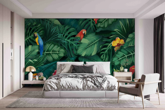 3D Tree Parrot Leaf Green Wall Mural Wallpaper YXL 1124