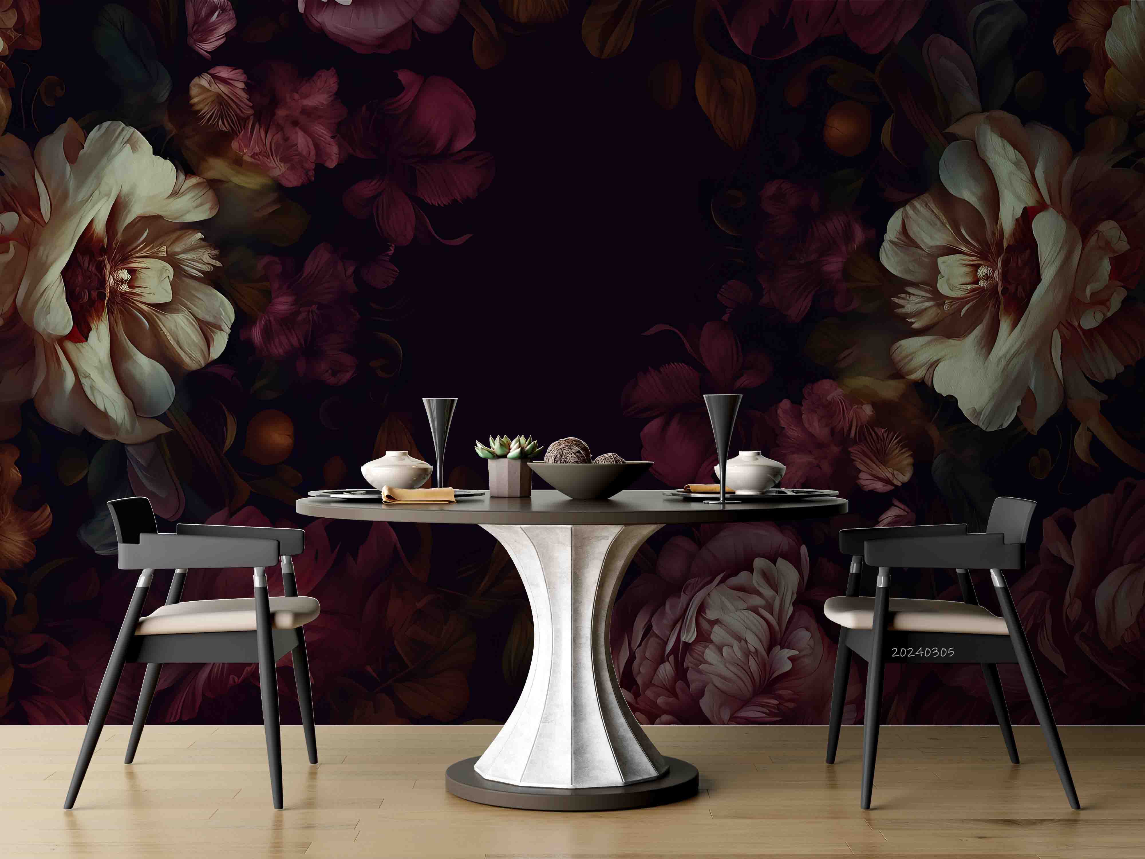 3D Black Floral Leaves Bouquet Dark Background Wallpaper Wall Mural Wall Decor Wall Art Wall Sticker Remoable Wallpaper