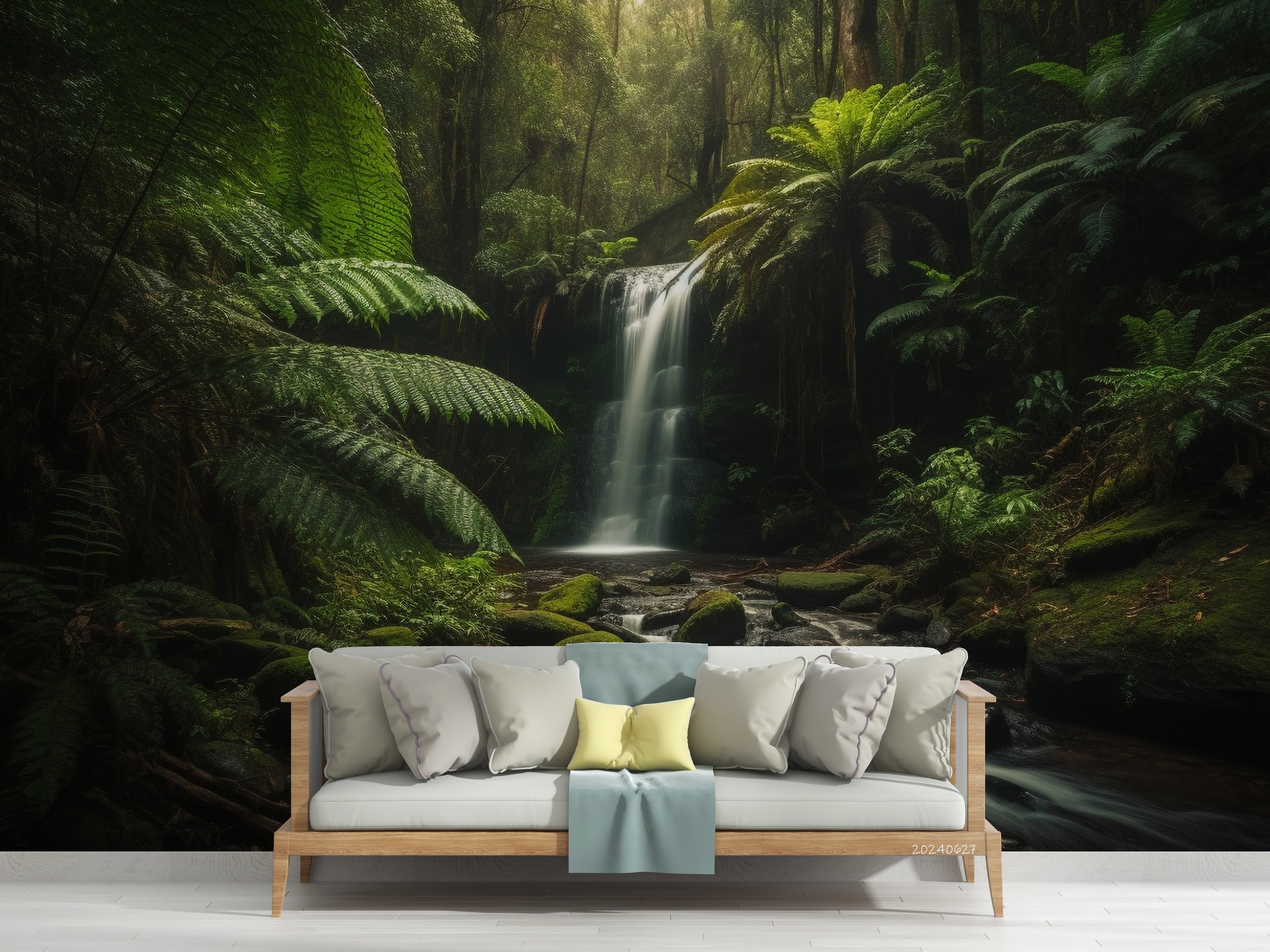 3D Forest Tree Mountain Sea Falls Stone Wall Mural Wallpaper YXL 745