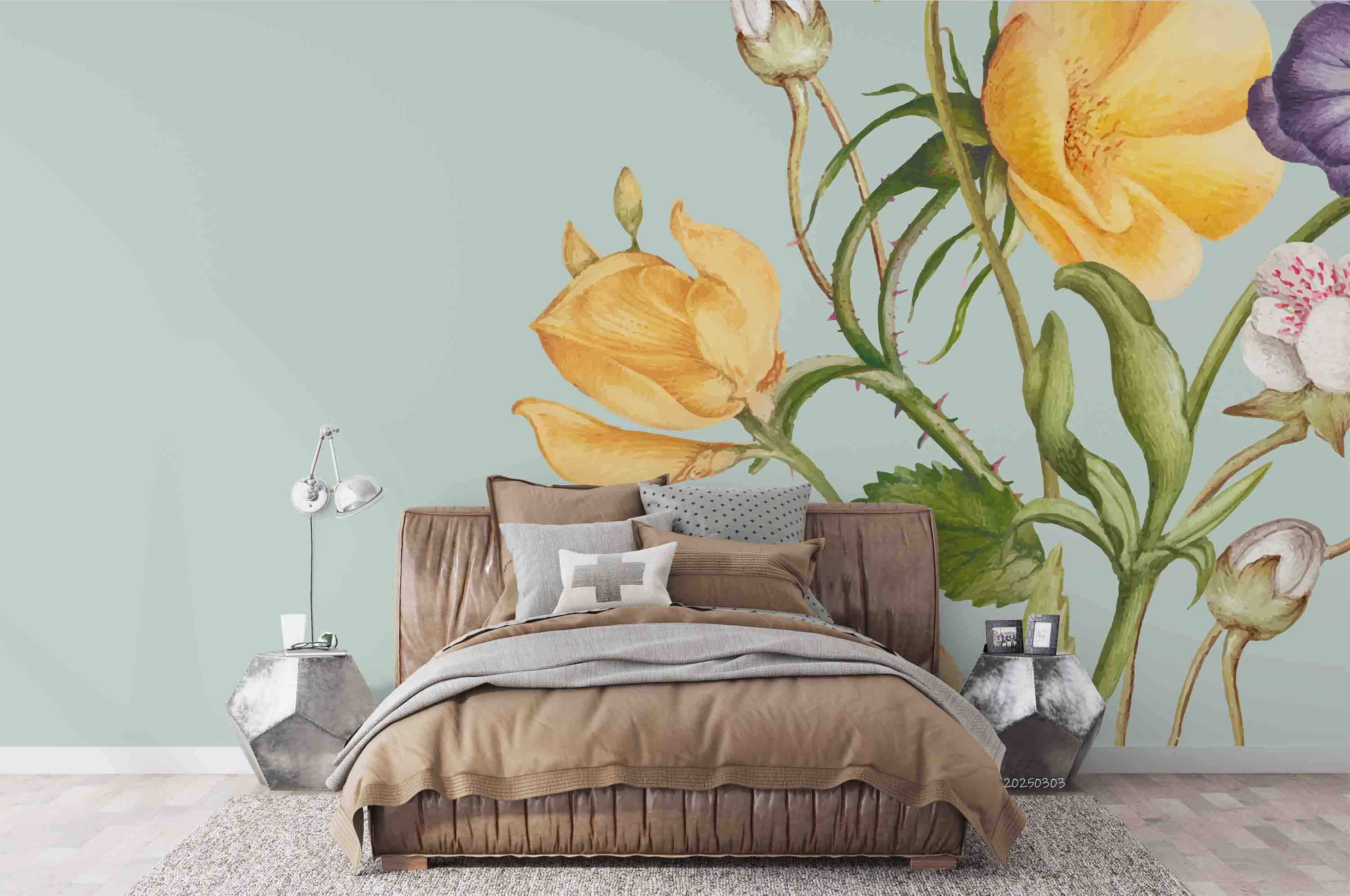 3D Hand Drawn Yellow Floral Green Leaf Wallpaper Wall Mural Wall Decor Wall Art Wall Sticker Remoable Wallpaper LQH
