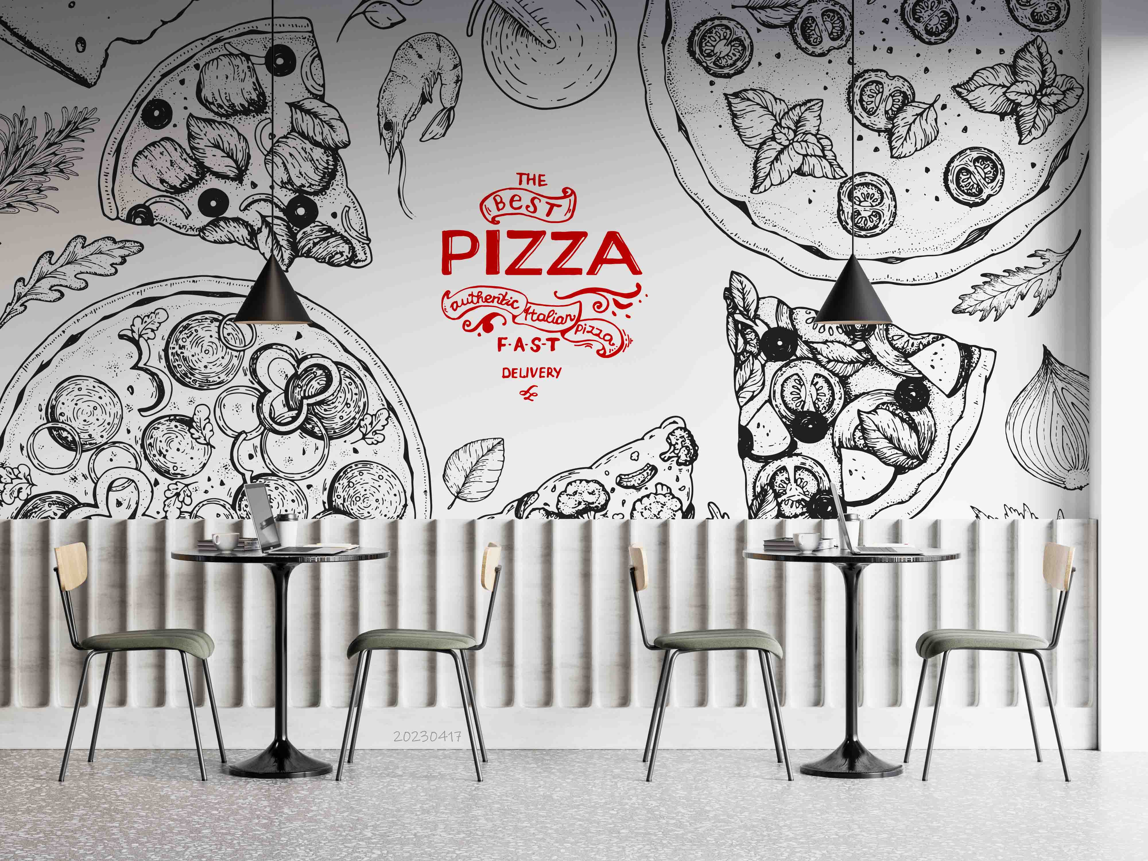 3D Italian Pizza Ingredients Top View Frame Engraving Style Wall Mural Wallpaper GD 5549- Jess Art Decoration