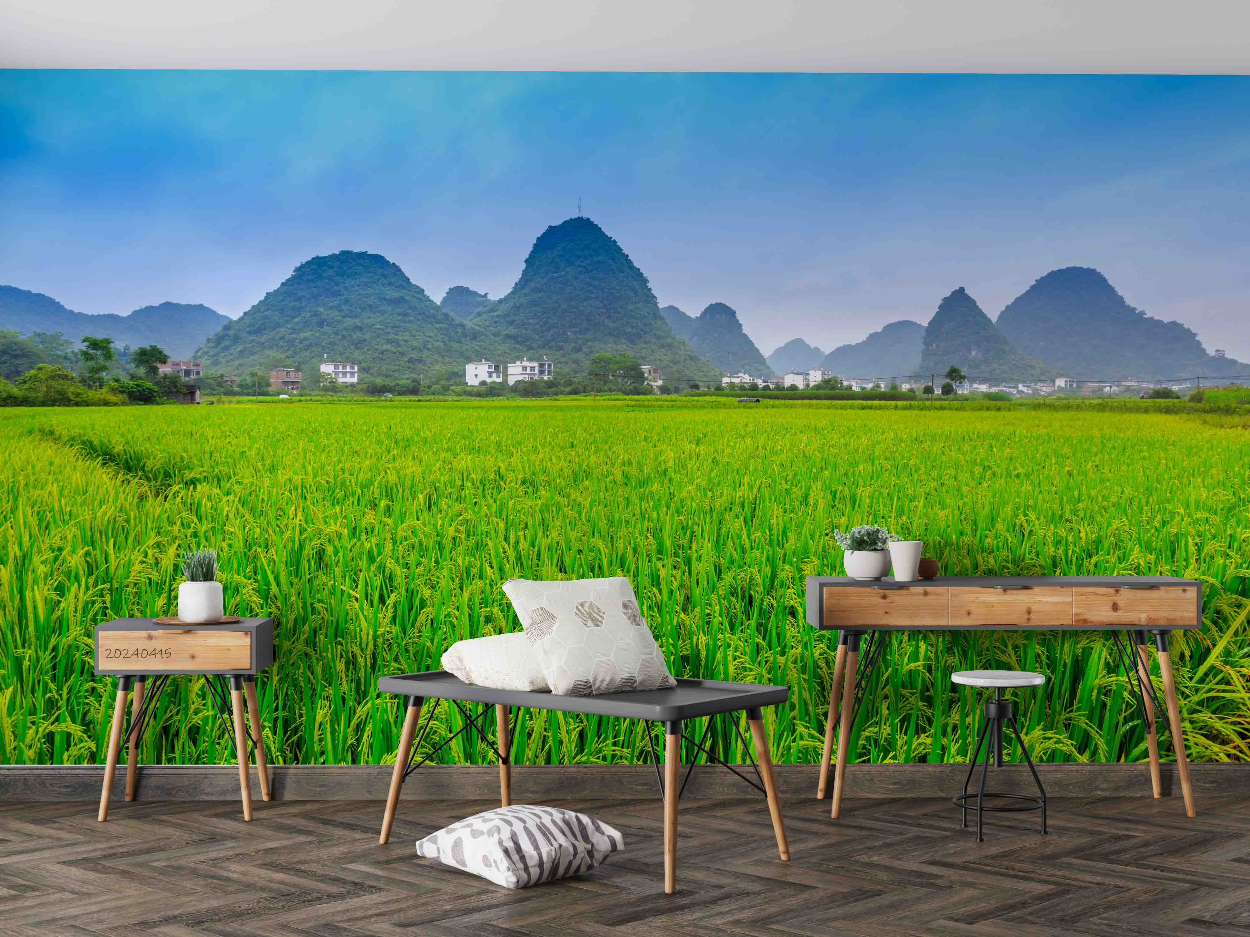 3D Watercolor Mountains Wheat Field Rice Green Wallpaper Wall Mural Wall Decor Wall Art Wall Sticker Remoable Wallpaper