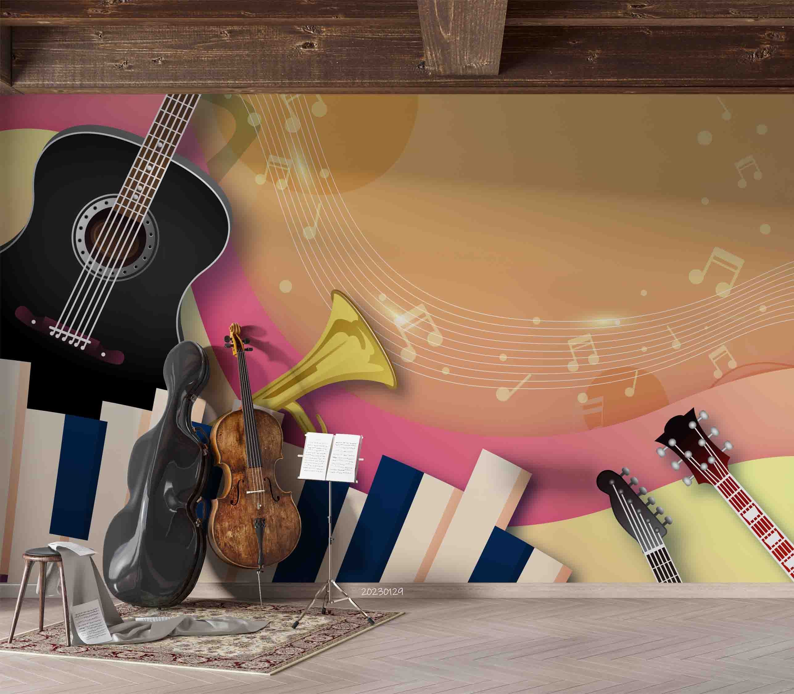 3D Pattern Guitar Stave Trumpet Piano Wall Mural Wallpaper YXL 07- Jess Art Decoration