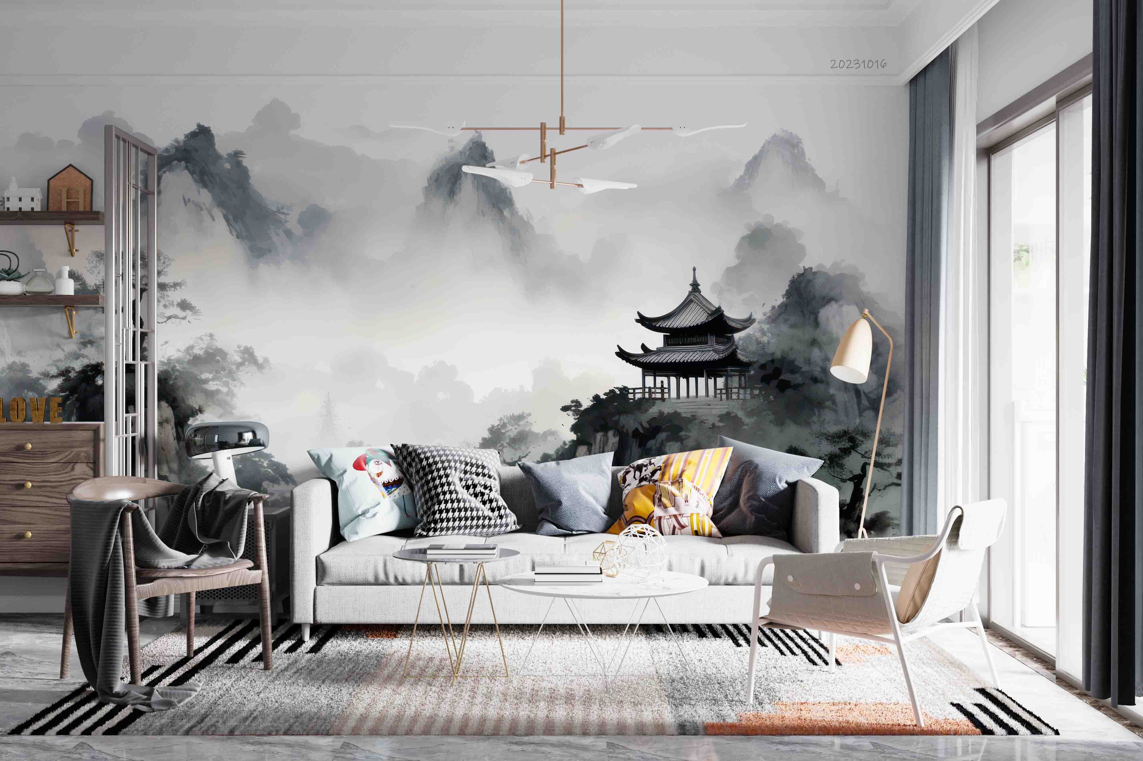 3D Tree Mountain Pavilion Fog Wall Mural Wallpaper YXL 2975
