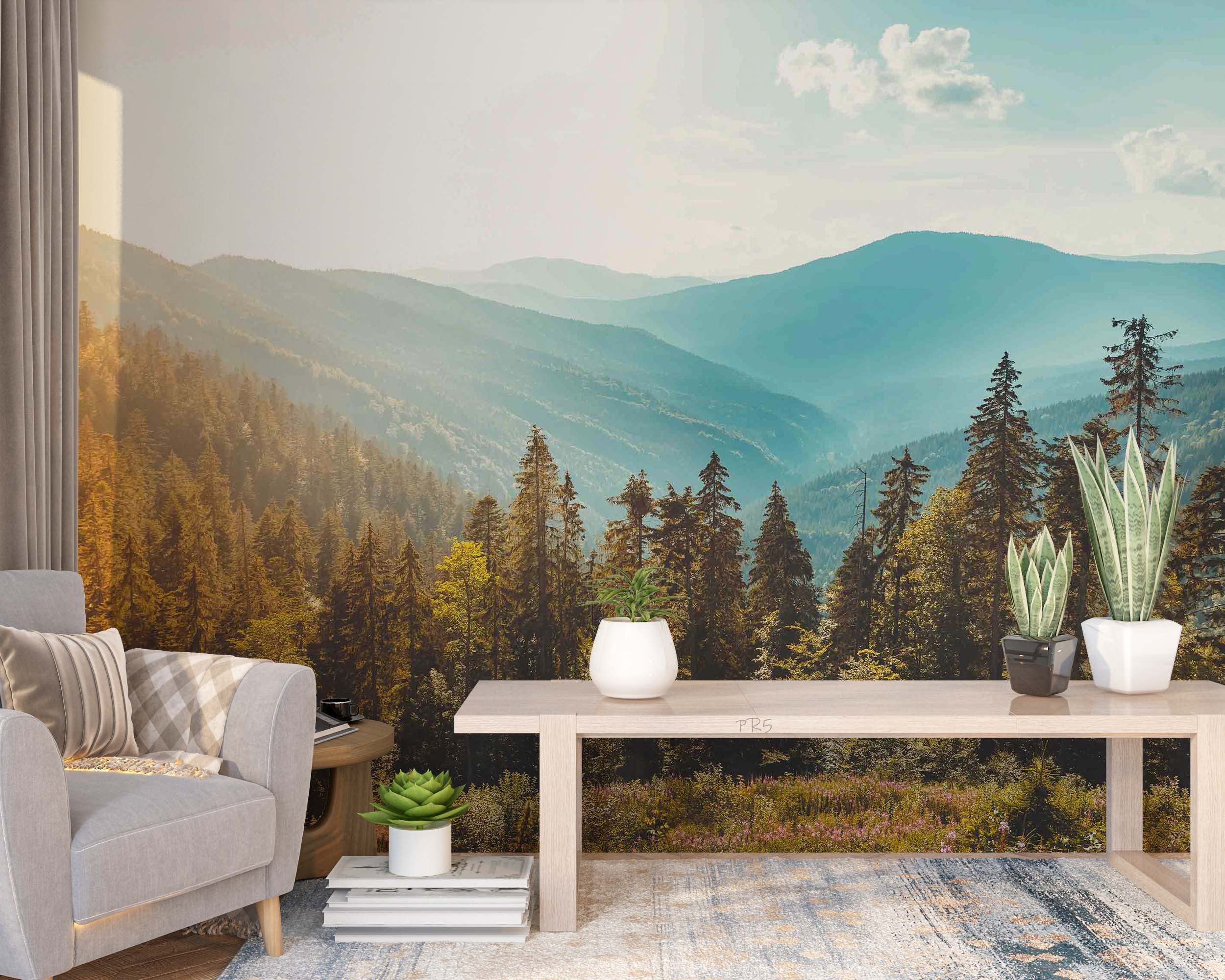 3D Tree Mountain Grassland Sunlight Cloud Sky Wall Mural Wallpaper YXL 2899