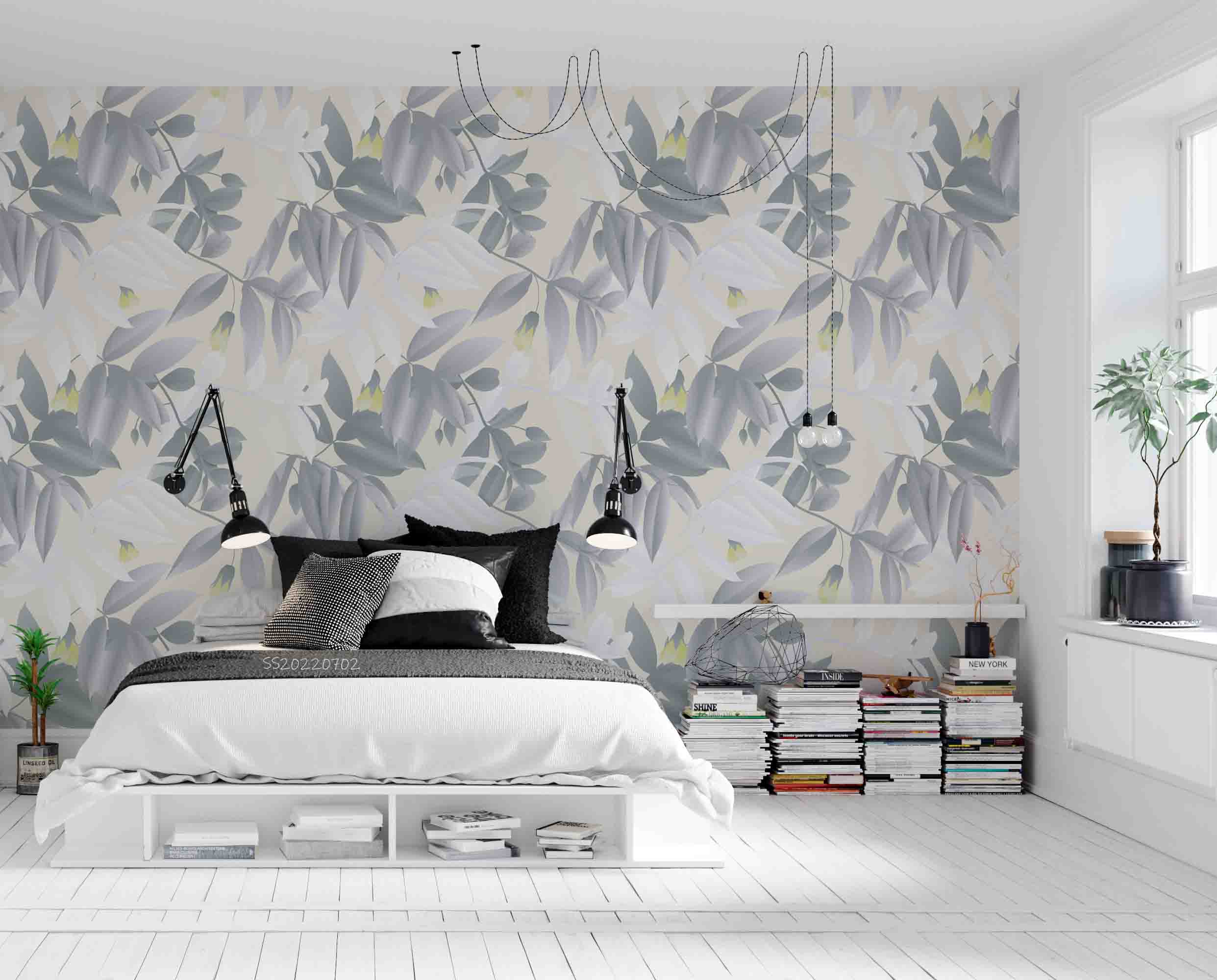 3D Green White Leaves Yellow Floral Light Yellow Background Wall Mural Wallpaper GD 5141- Jess Art Decoration