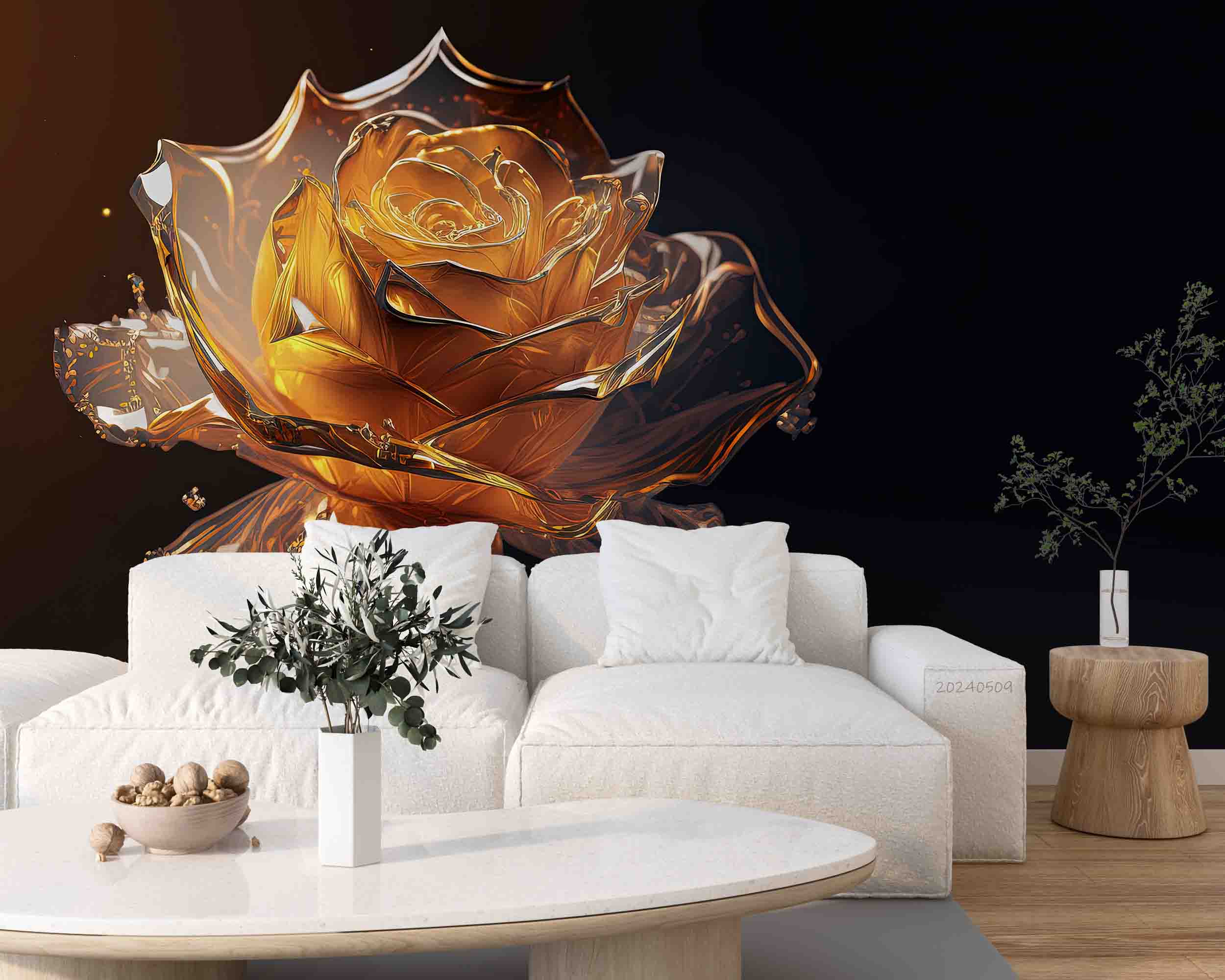 3D Gold Rose Flower Sculpture Wallpaper Wall Mural Wall Decor Wall Art Wall Sticker Remoable Wallpaper
