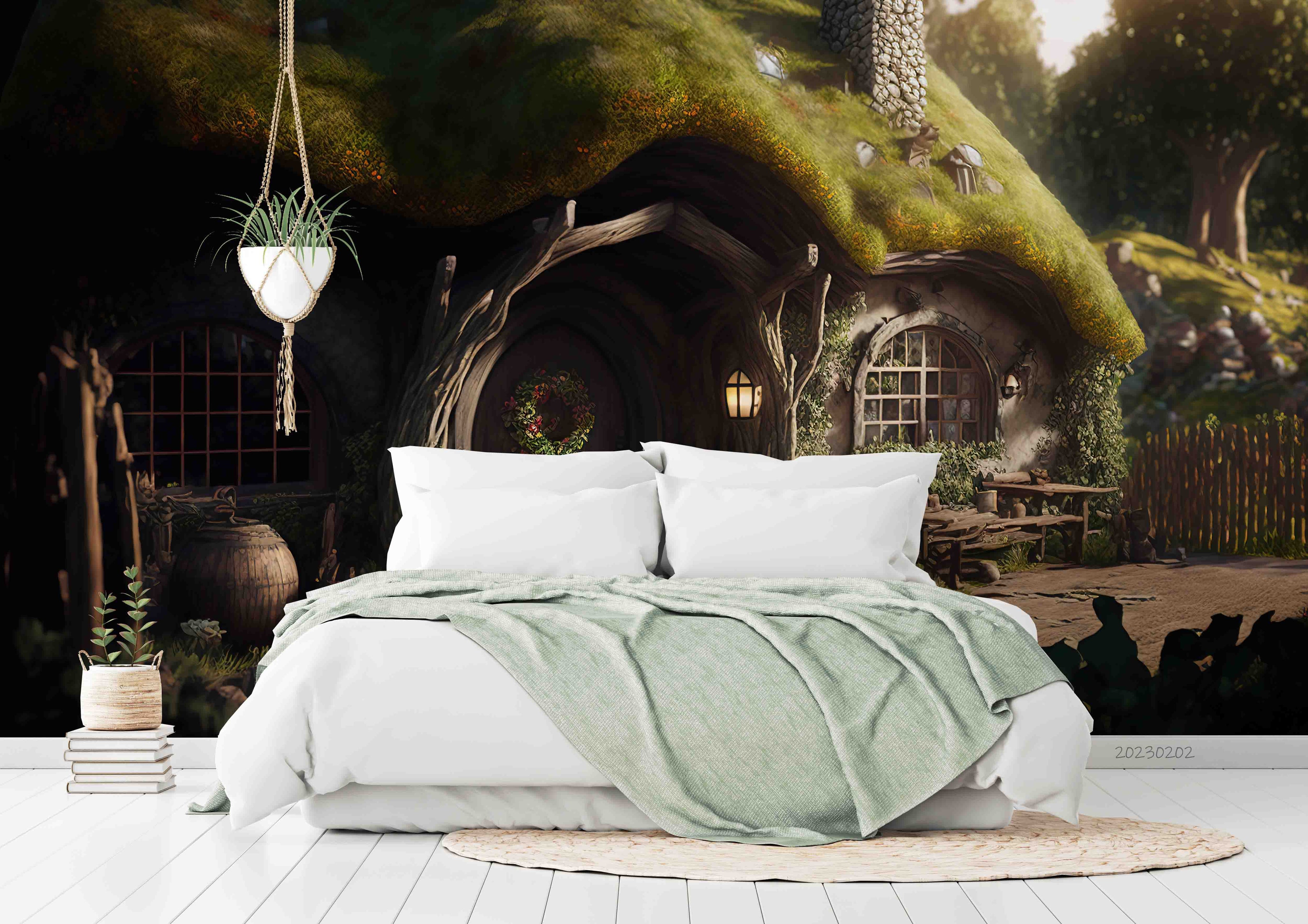 3D Forest House Tree Stone Grassland Trunk Wall Mural Wallpaper YXL 28- Jess Art Decoration