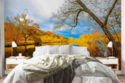 3D Yellow Forest Lake Trees Autumn Landscape Wall Mural Wallpaper JN 396