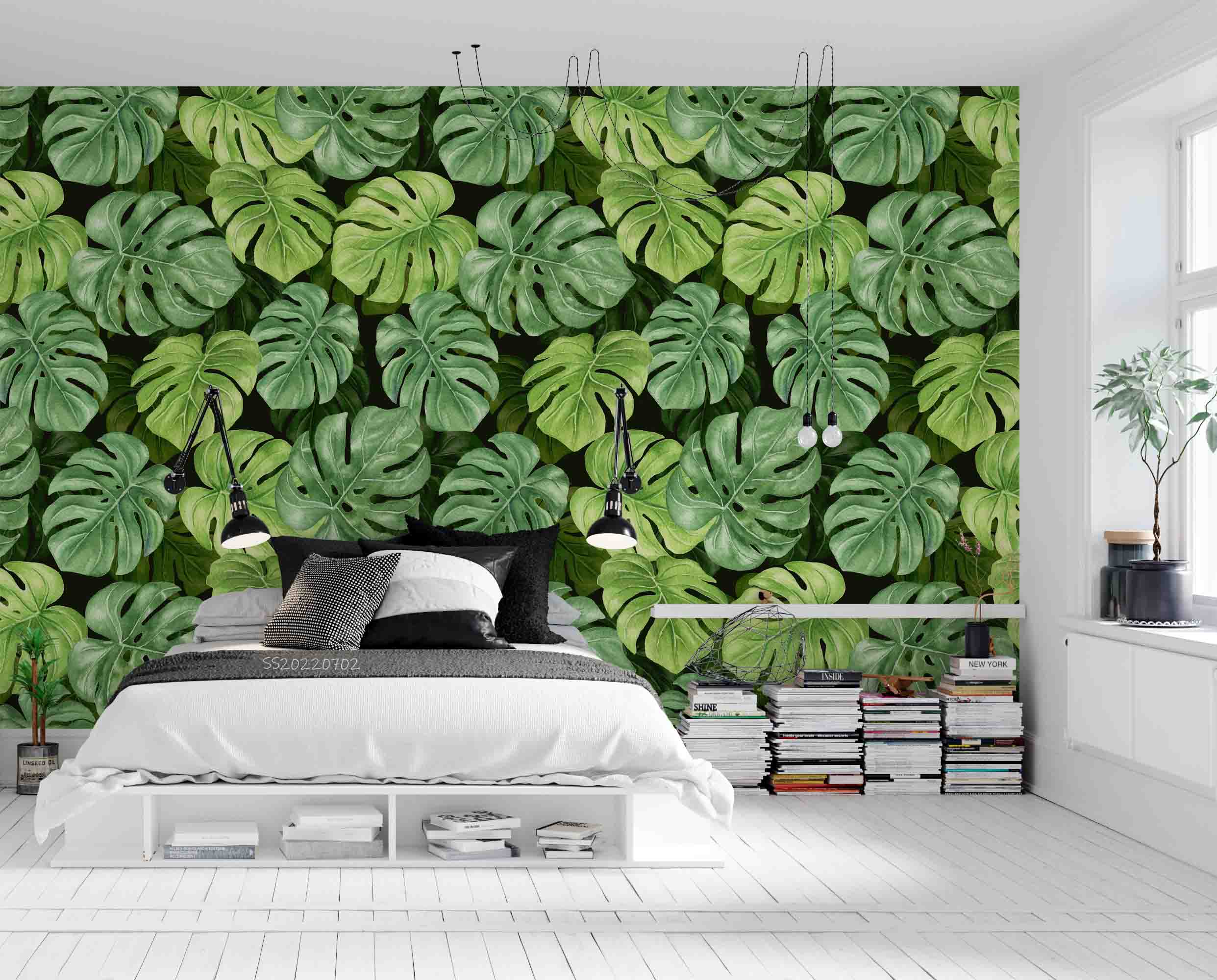 3D Tropical Green Monstera Leaf Pattern Wall Mural Wallpaper GD 5150- Jess Art Decoration