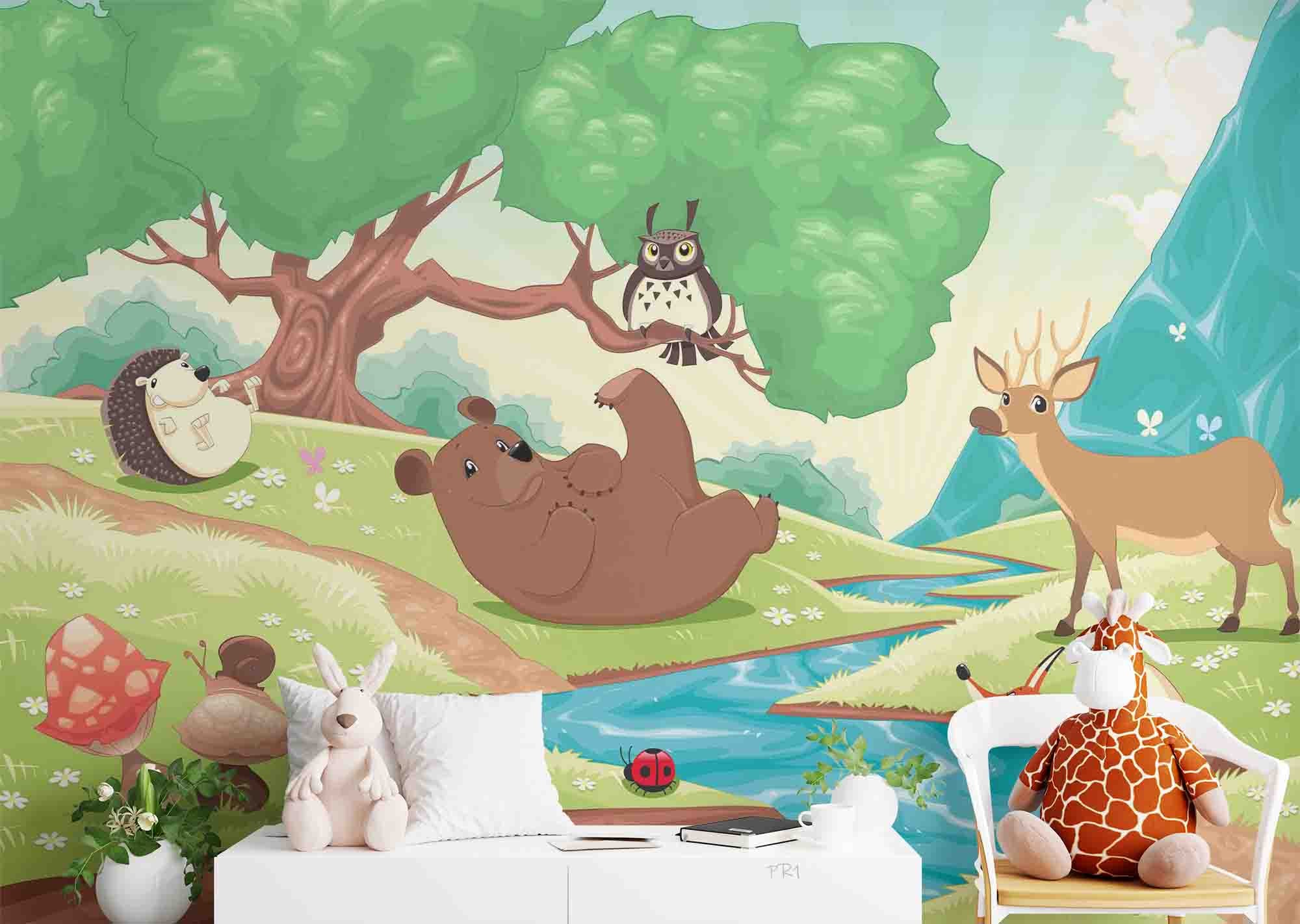 3D Woodland Bear Hedgehog cute woodland animal illustration wall mural wallpaper for nursery - view 3