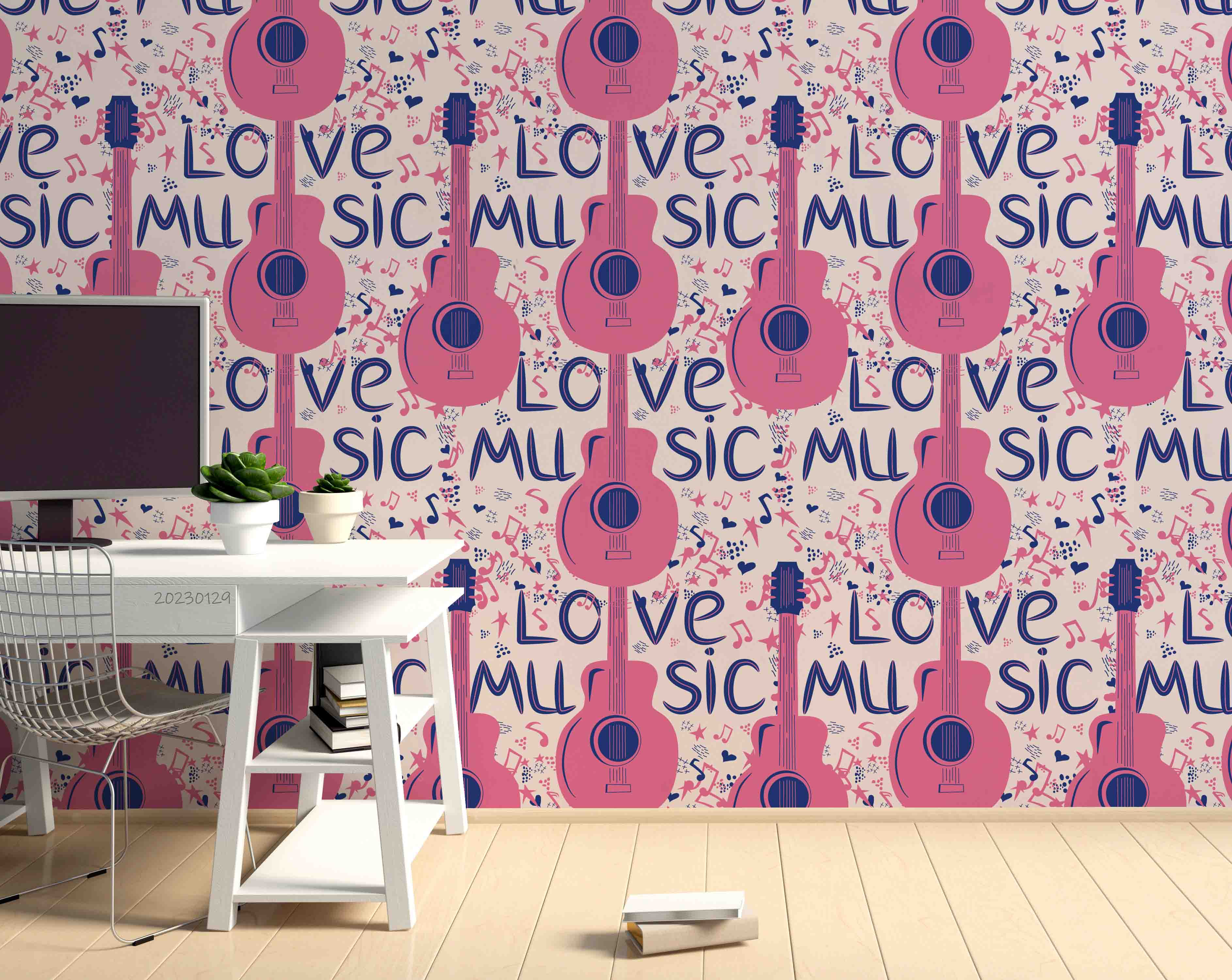 3D Pattern Guitar Pink Letter Note Wall Mural Wallpaper YXL 07- Jess Art Decoration