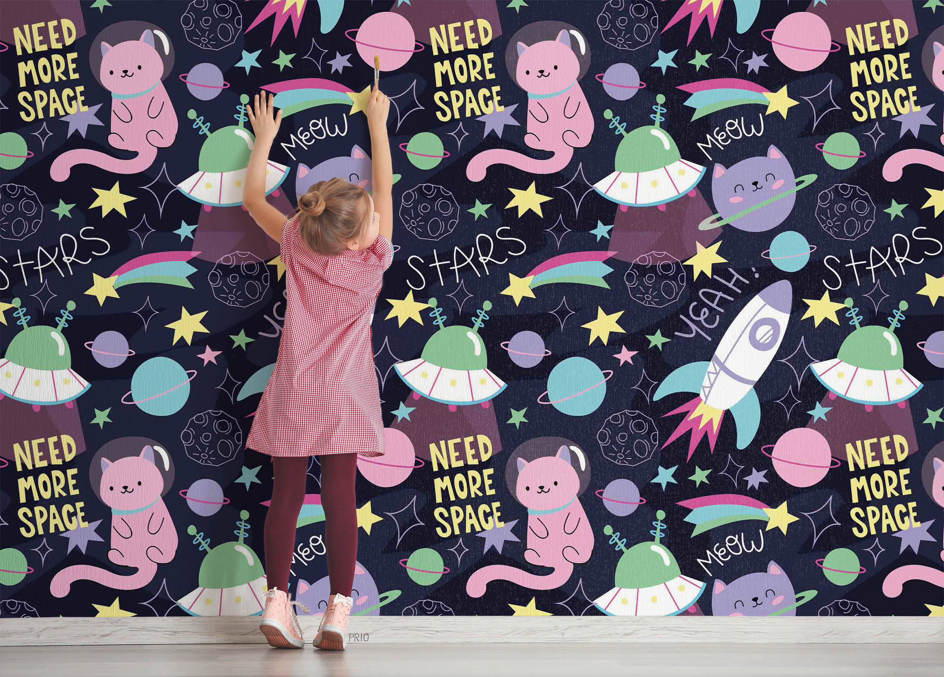 3D Space Cat Pattern space cat cartoon pattern wall mural wallpaper for playroom - view 2