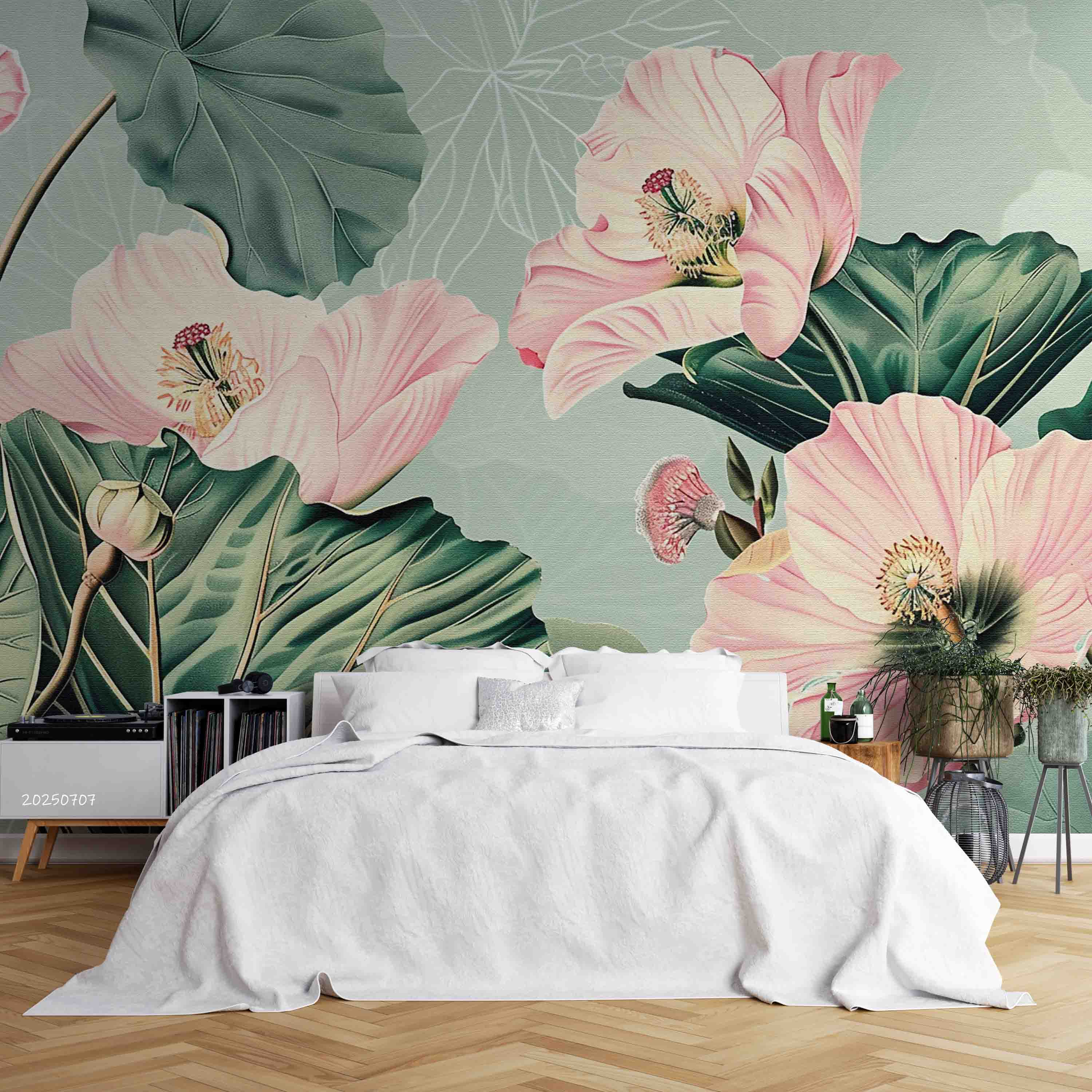 3D Hand Drawn Pink Floral Green Leaves Wallpaper Wall Mural Wall Decor Wall Art Wall Sticker Remoable Wallpaper 24