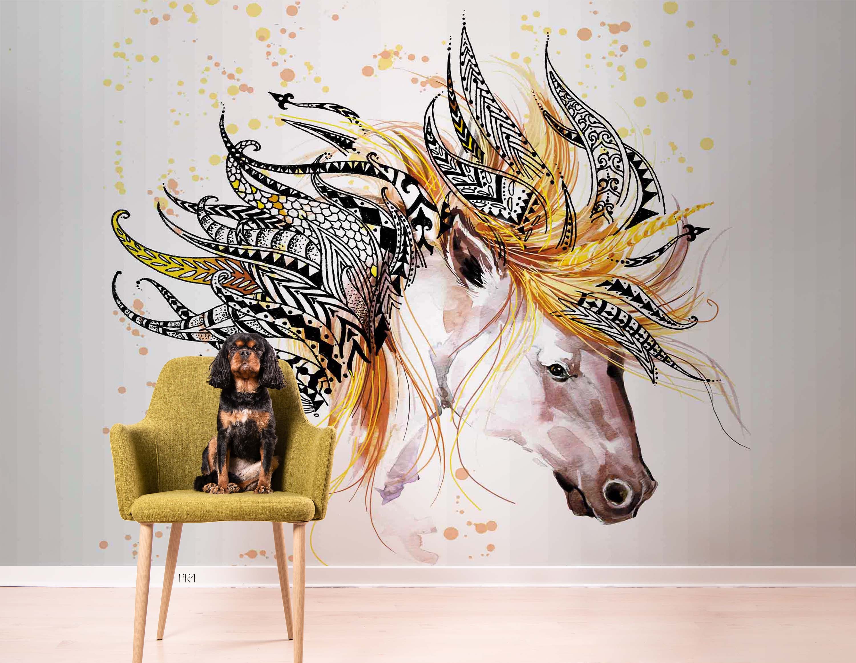 3D Watercolor Horse Colorful Feather Wall Mural Wallpaper GD 3993- Jess Art Decoration