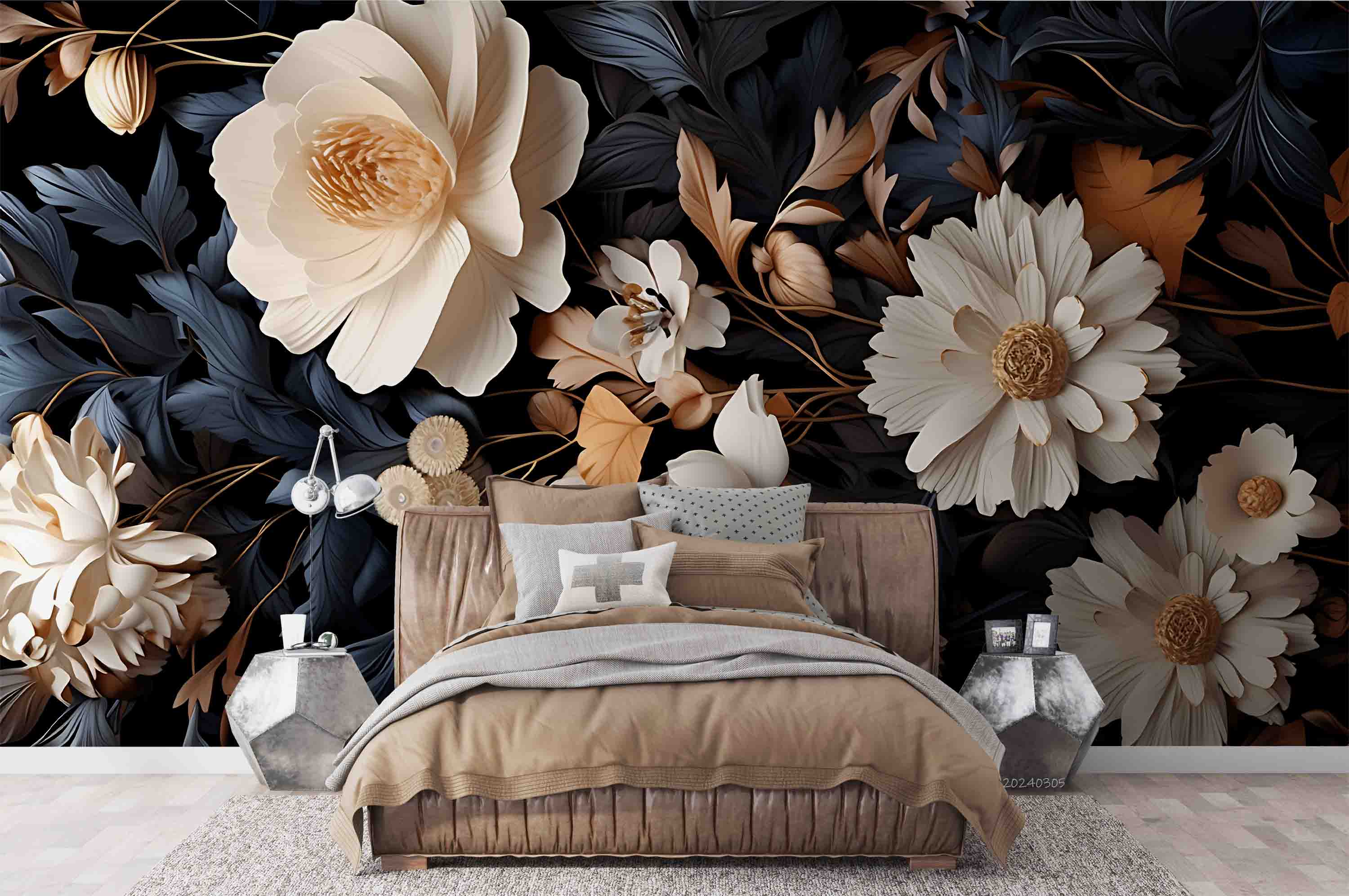 3D Floral Leaves Dark Background Wallpaper Wall Mural Wall Decor Wall Art Wall Sticker Remoable Wallpaper