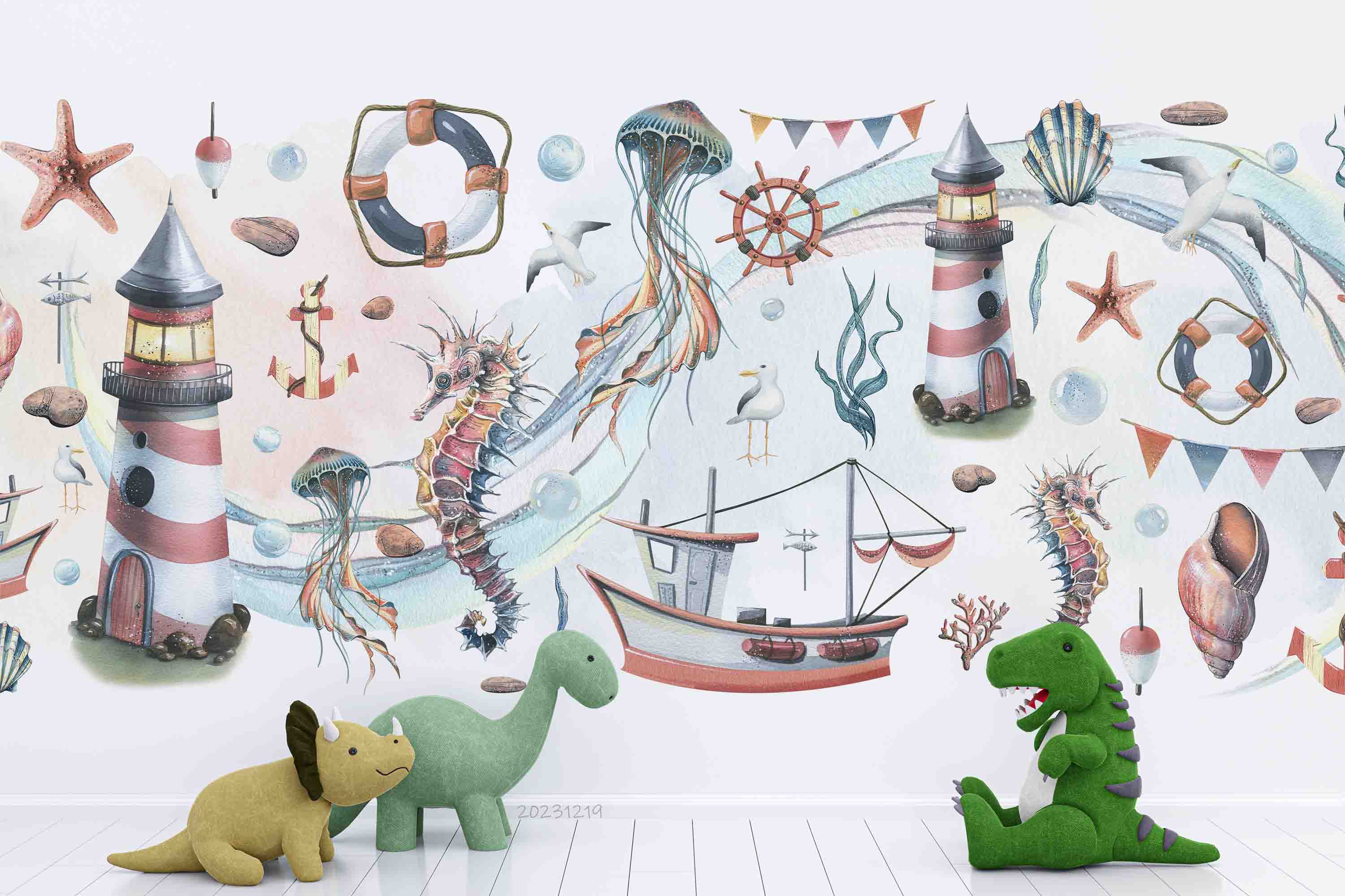 3D Animal Sea Horse Octopus Rudder Sailing Starfish Wall Mural Wallpaper YXL 39