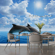 3D Jumping Dolphins Couple Blue Sea Sky White Clouds Wall Mural Wallpaper GD 5043- Jess Art Decoration