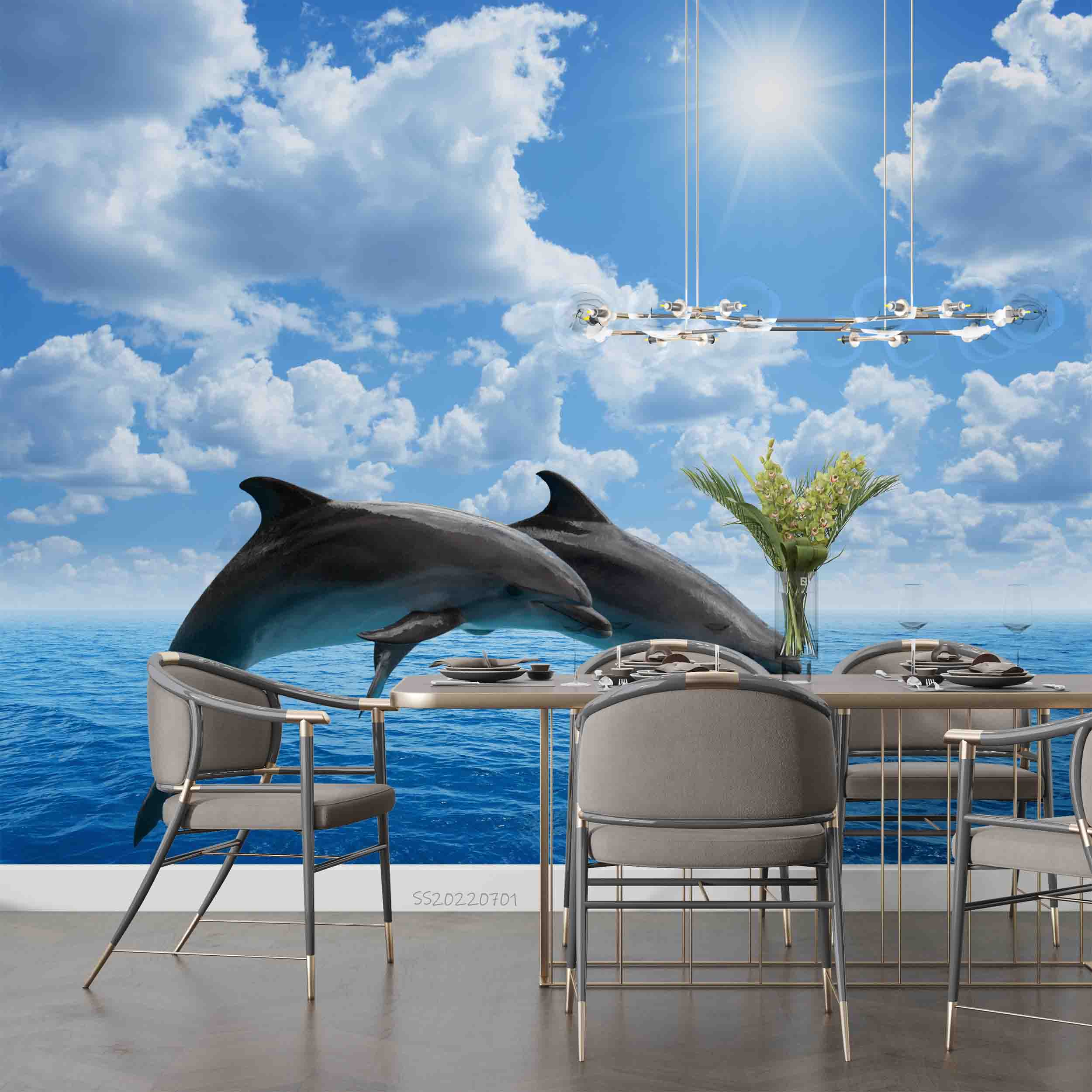 3D Jumping Dolphins Couple Blue Sea Sky White Clouds Wall Mural Wallpaper GD 5043- Jess Art Decoration