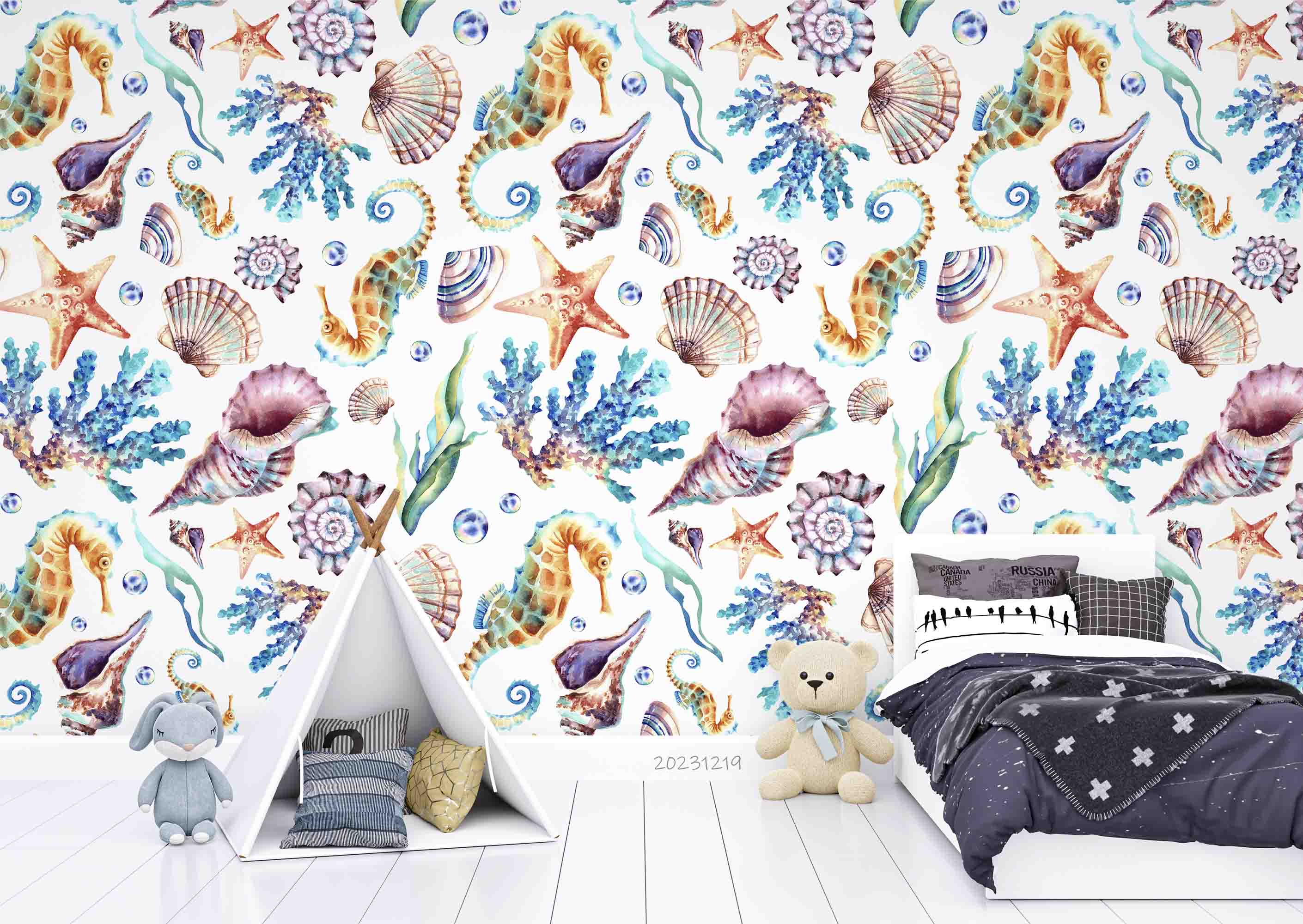 3D Animal Conch Starfish Sea Snail Sea Horse Wall Mural Wallpaper YXL 45