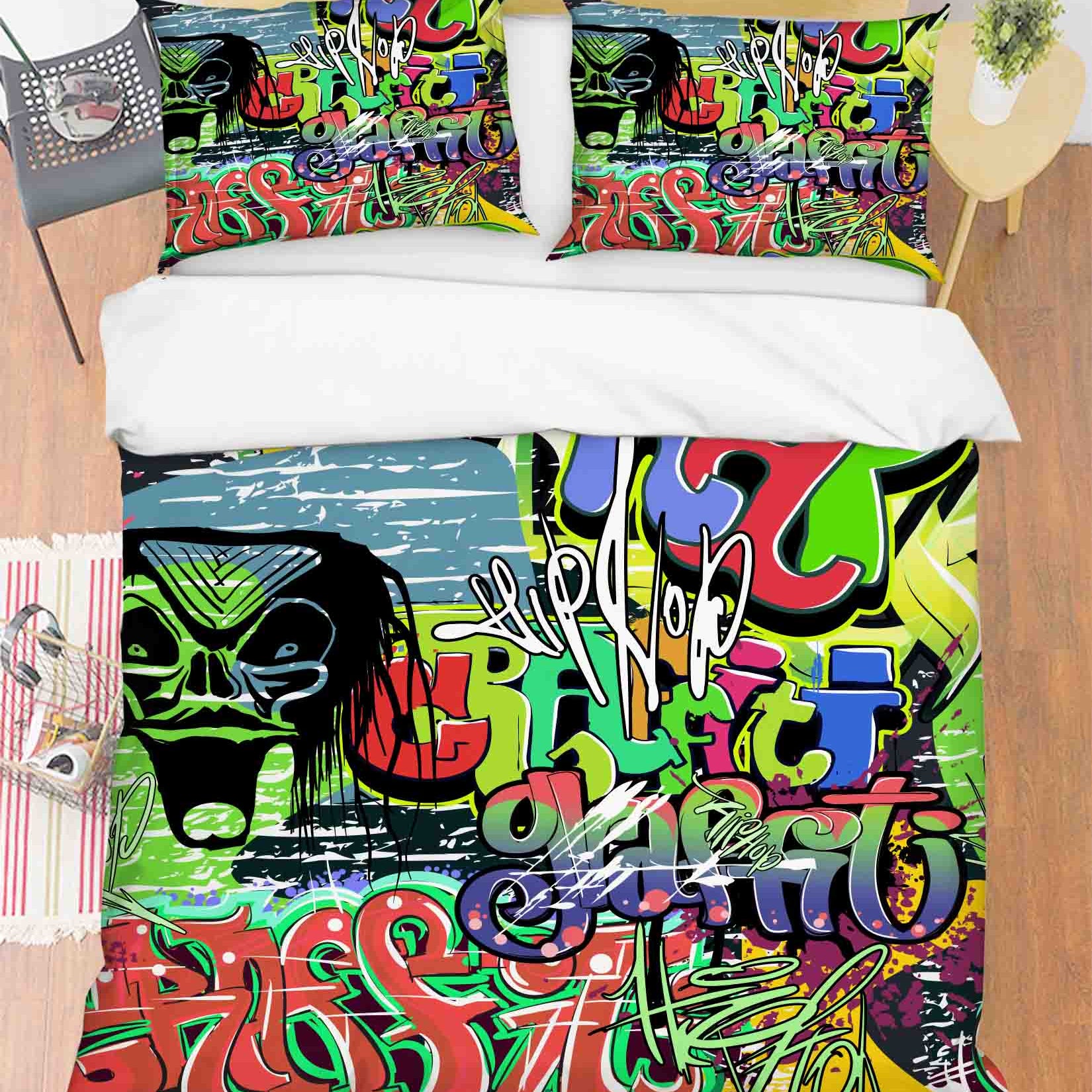 3D Street Graffiti Green Skull Quilt Cover Set Bedding Set Pillowcases 333- Jess Art Decoration