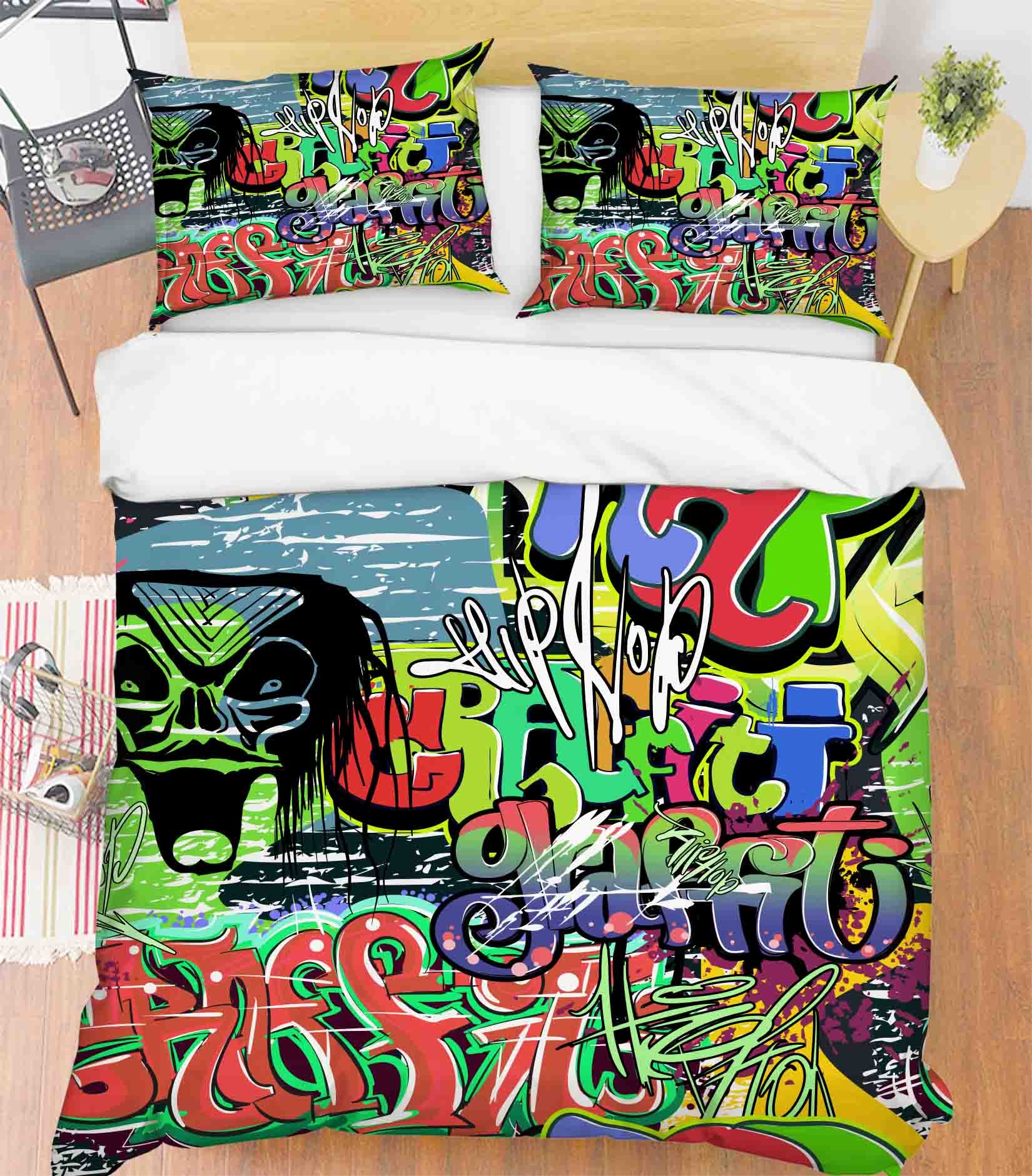 3D Street Graffiti Green Skull Quilt Cover Set Bedding Set Pillowcases 333- Jess Art Decoration