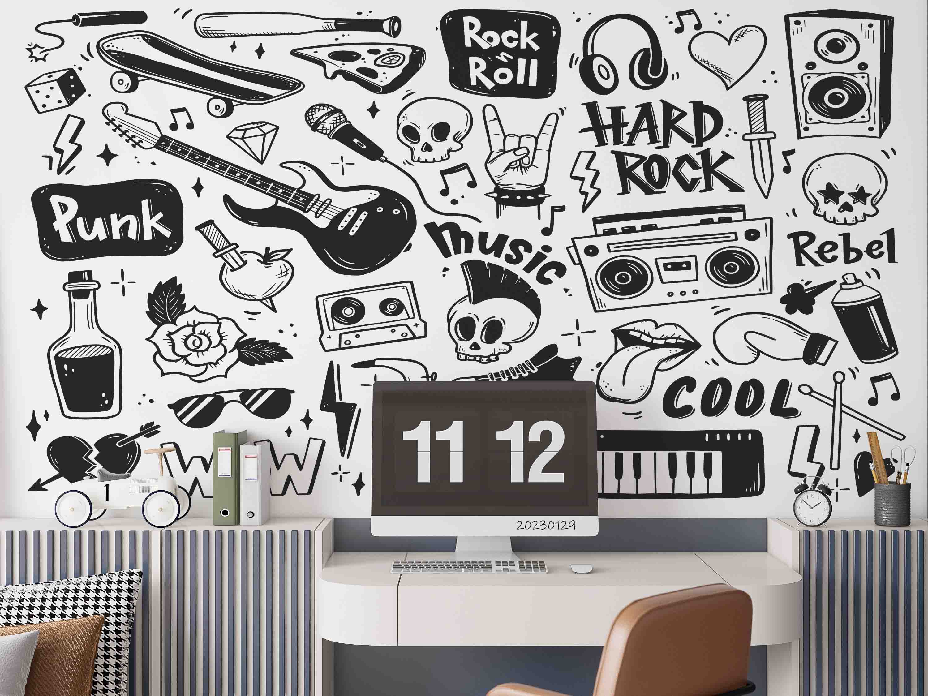 3D Graffiti Tape Skull Guitar Organ Floral Loudspeaker Box Black Wall Mural Wallpaper YXL 09- Jess Art Decoration
