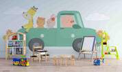 3D Childcare Nursery School Cartoon Kids Animals Car Wall Mural Wallpaper JN