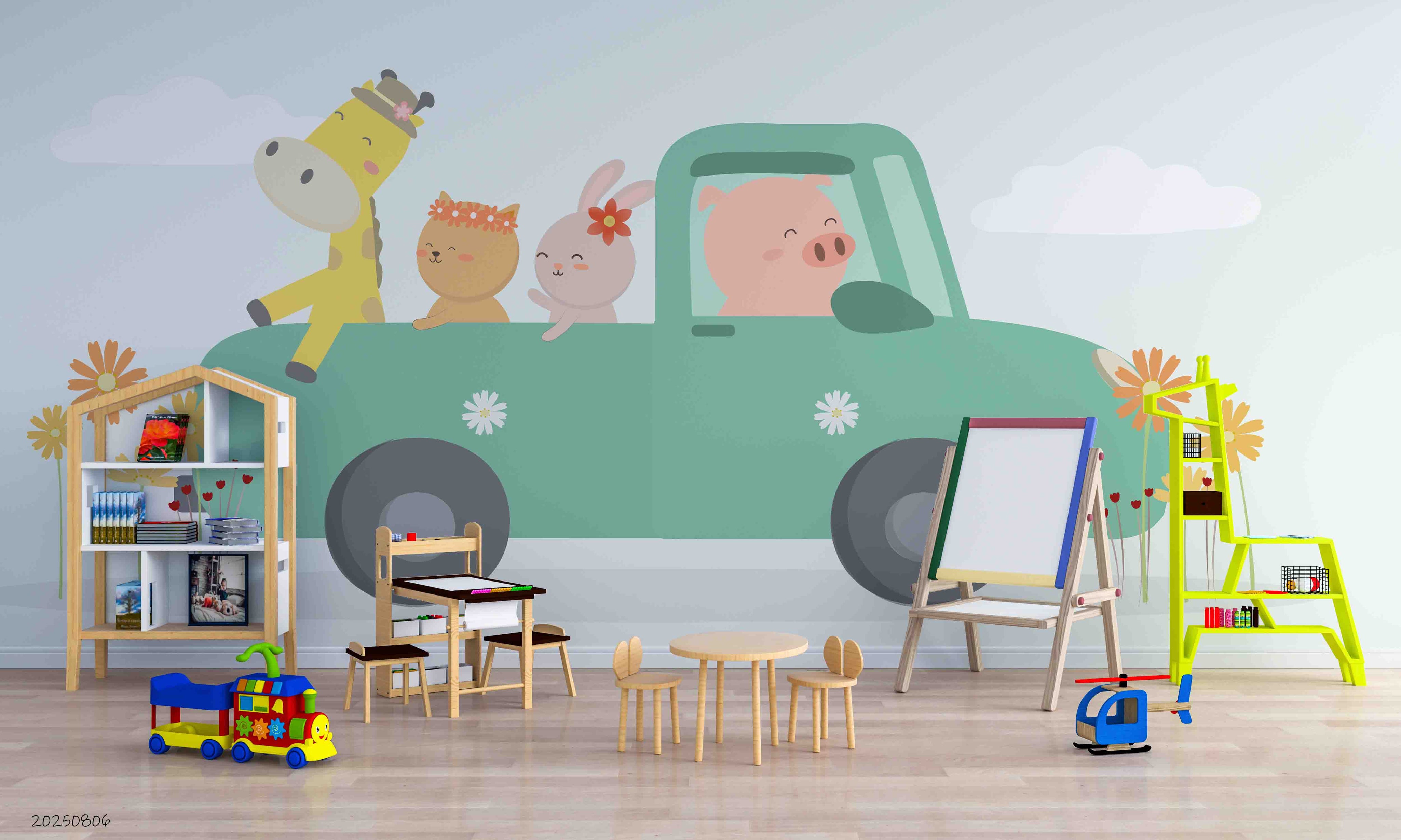 3D Childcare Nursery School Cartoon Kids Animals Car Wall Mural Wallpaper JN