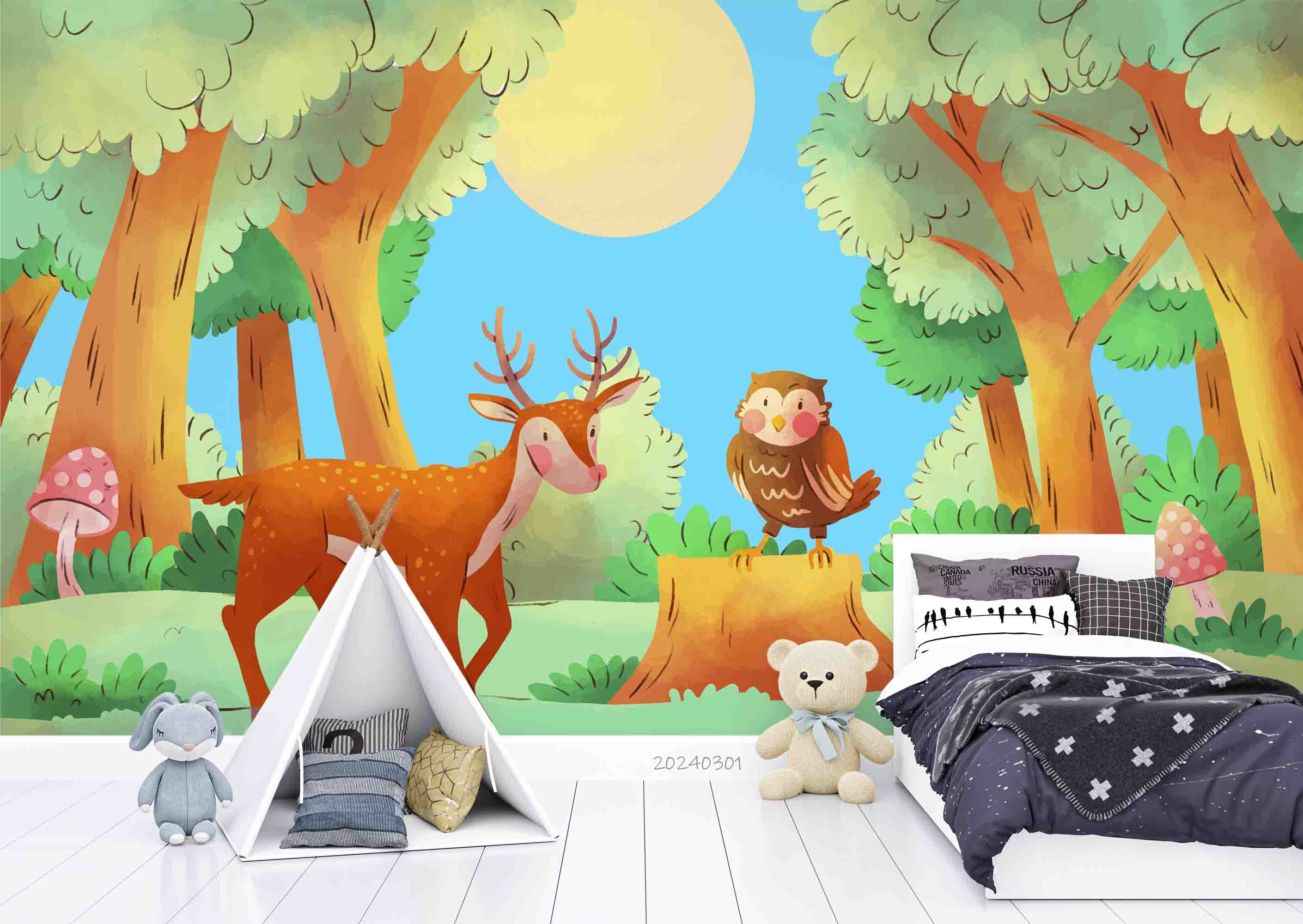3D Cartoon Animal Deer Forest Kids Wallpaper Wall Mural Wall Decor Wall Art Wall Sticker Remoable Wallpaper