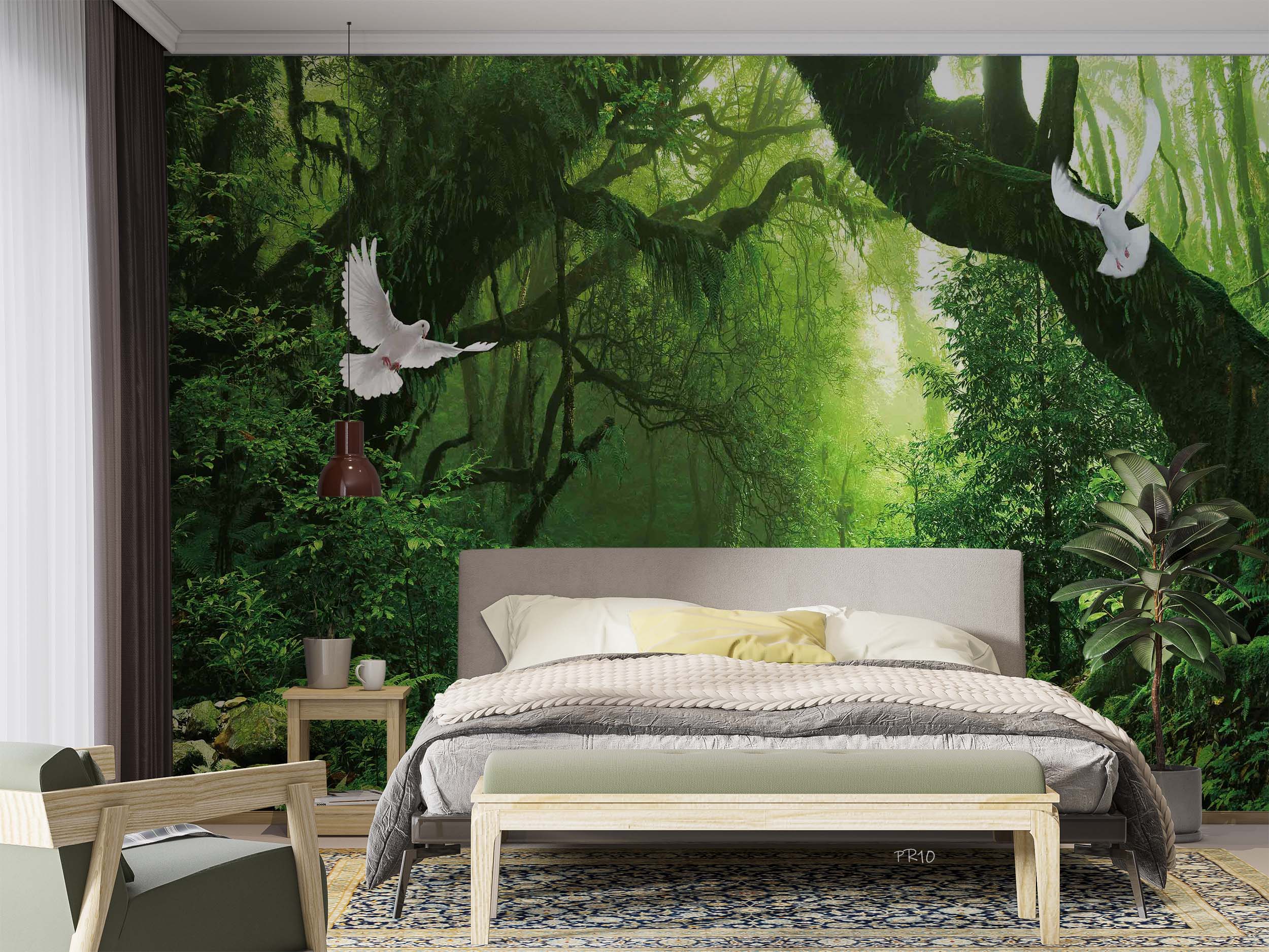 3D Forest Green Trees Path Sunshine Pigeon Wall Mural Wallpaper GD 4812- Jess Art Decoration