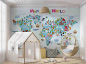 3D World Map Cartoon Animals Plants Architecture Kids Wall Mural Wallpaper GD 4587- Jess Art Decoration