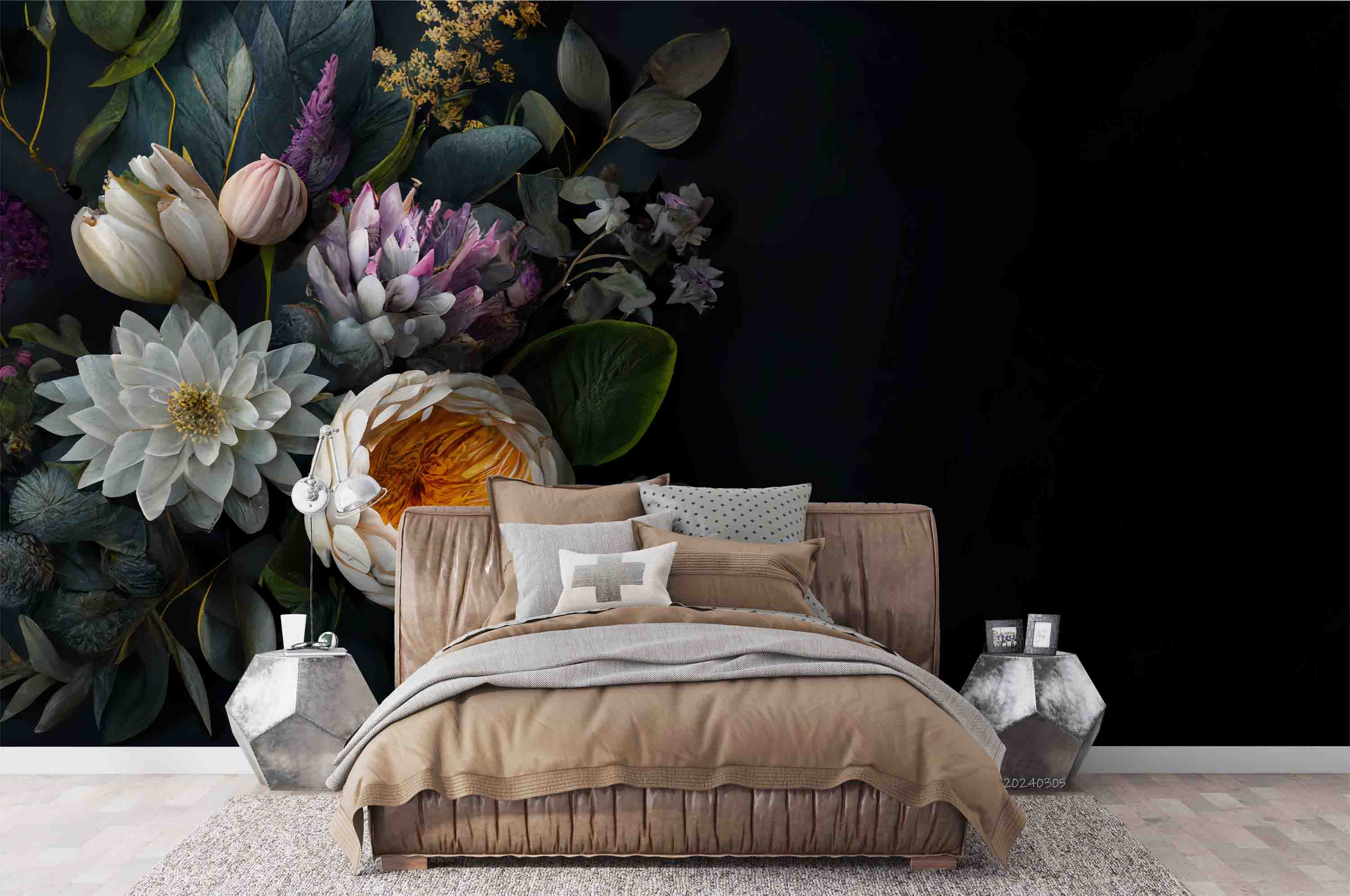 3D Floral Bouquet Dark Background Wallpaper Wall Mural Wall Decor Wall Art Wall Sticker Remoable Wallpaper
