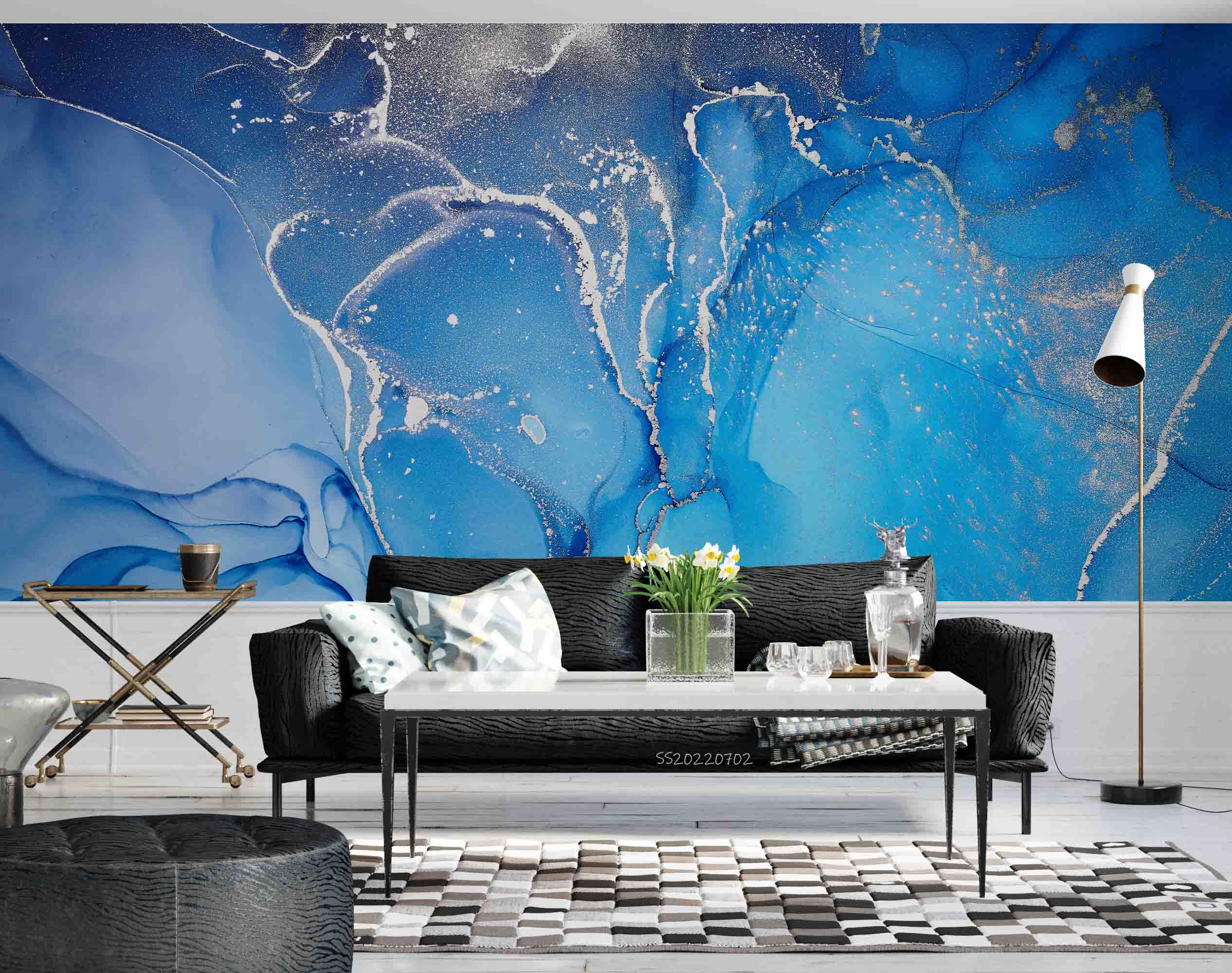3D Bright Blue Marble bright blue marble artwork wall mural wallpaper for living room - view 3