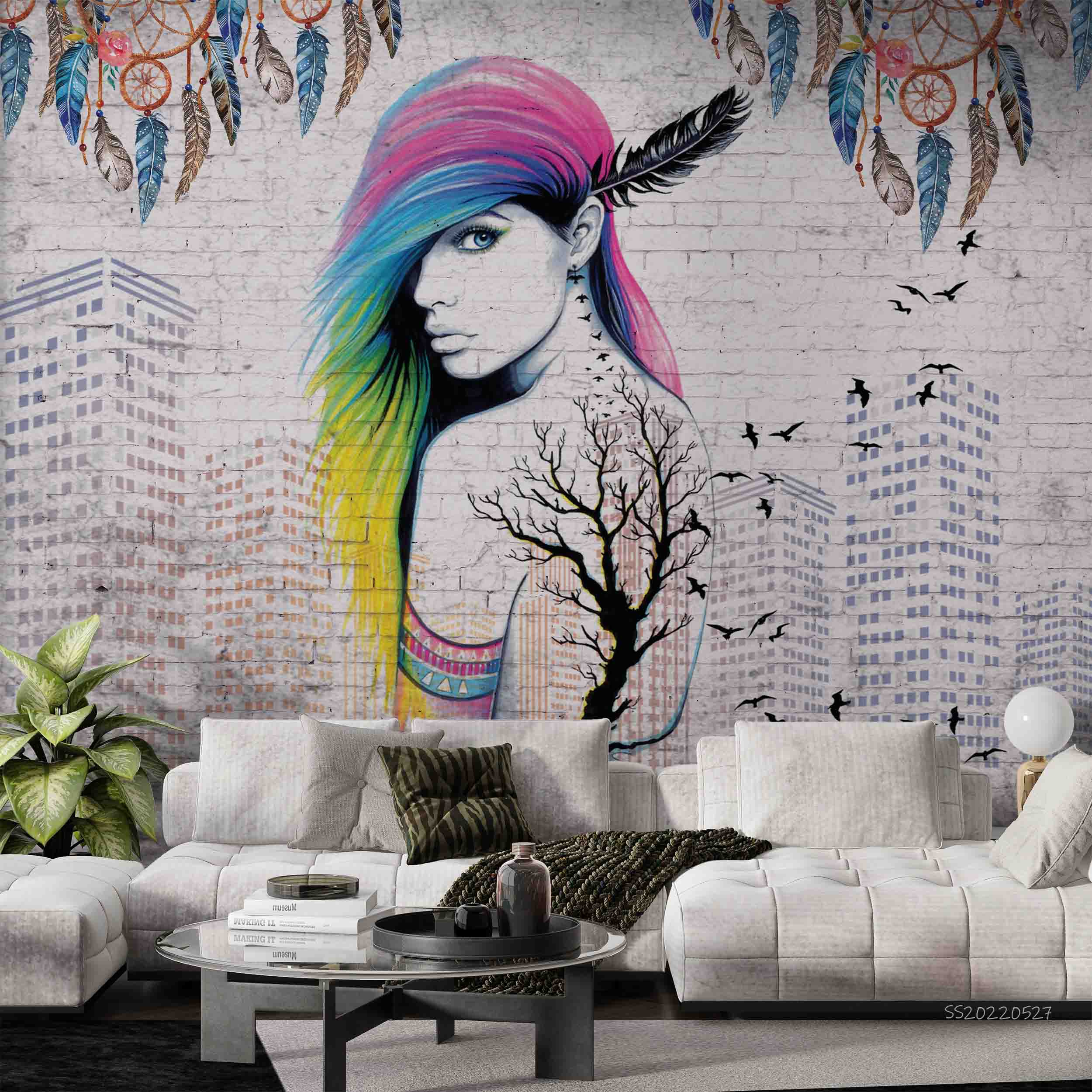 3D Abstract Graffiti Girl Architecture Dream Catcher Wall Mural Wallpaper GD 4189- Jess Art Decoration